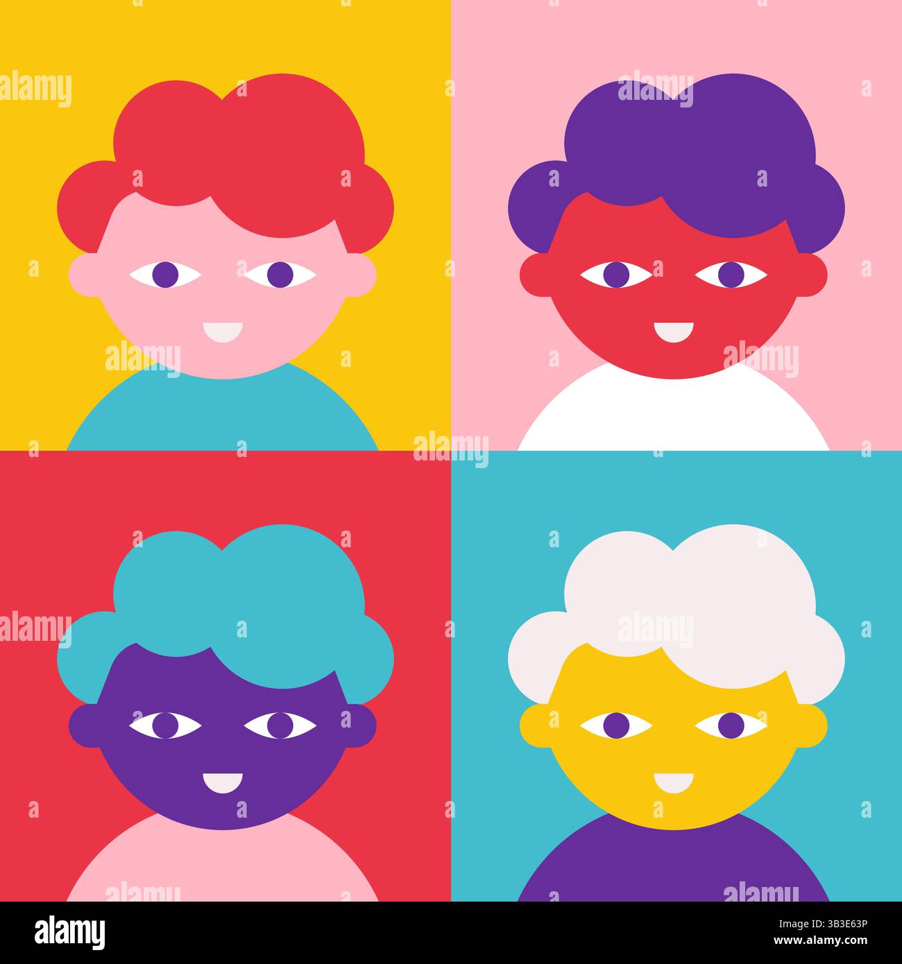 Illustration der Vektorabwicklung. 4 männliche Zeichentrickfiguren mit lockigen Haaren haben unterschiedliche ethnische Zugehörigkeit als Symbol für Inklusion, Vielfalt in Bildung und Beruf. B Stock Vektor