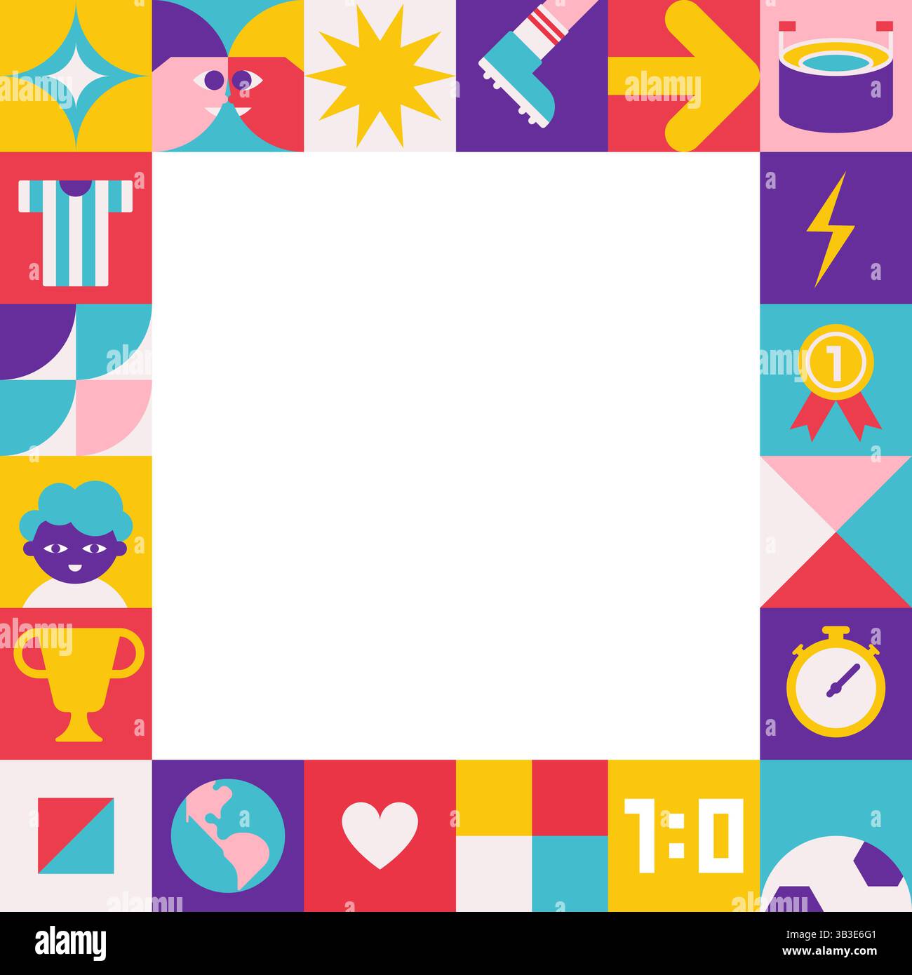 Vektor-flacher quadratischer Rahmen für Poster mit abstrakten Symbolen, die Zeichen der Fußballweltmeisterschaft (Cup) sind. In 2026 trendigen Vorlagen mit Kopierraum Stock Vektor