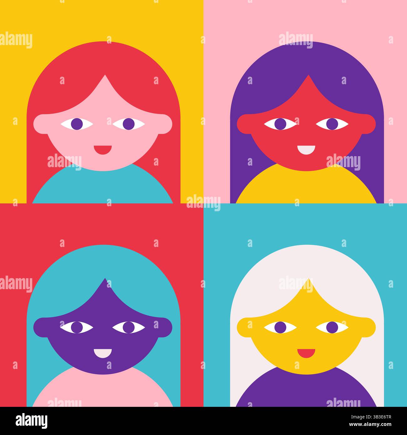 Illustration der Vektorabwicklung. 4 weibliche Zeichentrickfiguren haben unterschiedliche ethnische Zugehörigkeit als Symbol für Inklusion, Vielfalt in Bildung und Beruf. Heller Hintergrund Stock Vektor