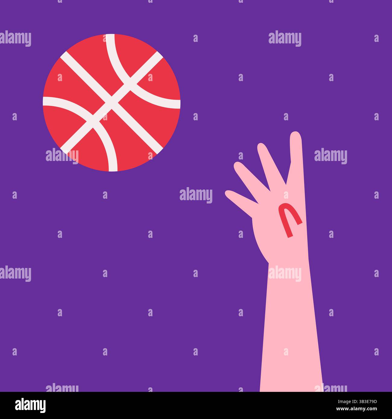 Flaches Vektor-Konzept mit dem Werfen von Basketball in den Korb durch Spieler auf violettem Hintergrund. Die quadratische Komposition ist wie ein Symbol für die Gestaltung von Werbespots bei Weltmeistern Stock Vektor