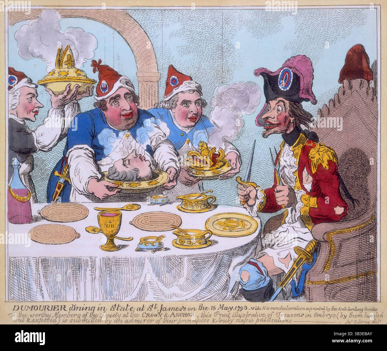 Dumourier Dining in State at St. James's am 15. Mai 1793. "Ich sehe seine eigene Erklärung, wie sie von den Anti-Nivelliergesellschaften gedruckt wurde. Den würdigen Mitgliedern der Gesellschaft am Kronenanker &amp; wird dieser Druck, der Verrat im Embryo veranschaulicht (von ihnen gejagt &amp; ausgesetzt), von einem Bewunderer ihrer Prinzipien &amp; wirklich klasige Veröffentlichungen vorgelegt. Jas. Gillray delt.“ Drei Köche kommen vor, tragen Hauben mit dreifarbigen Cockaden, Schürzen und Überärmeln. Charles James Fox steht für den dampfenden Kopf von Pitt; Sheridan, rechts, hält ein Gericht mit einer gebrochenen königlichen Krone; Priestley e Stockfoto