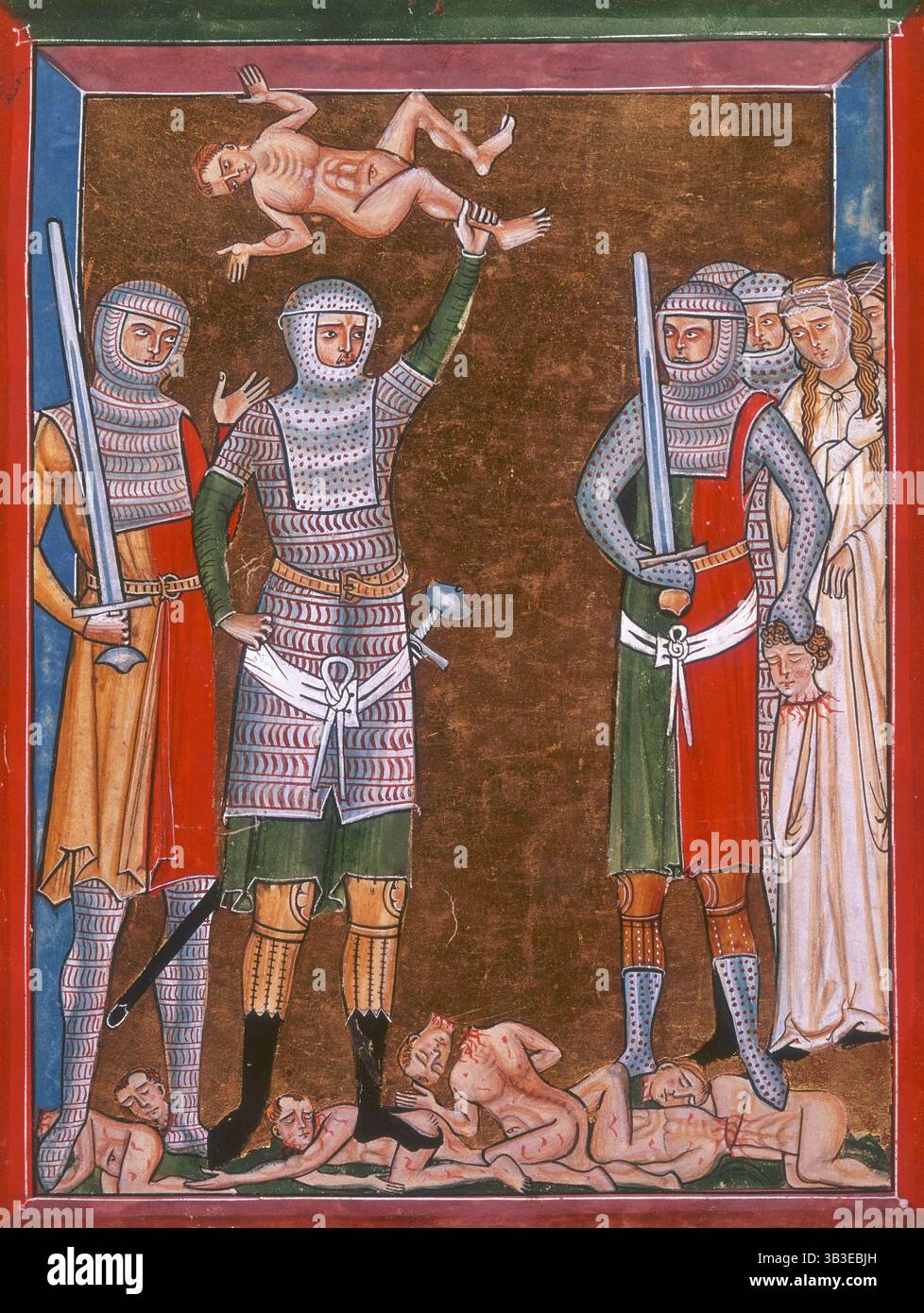 Das Massaker an den Unschuldigen, 1350. Biblische Szene. Zu Füßen der Soldaten sind die Leichen der Kinder, die sie getötet haben. Ein Soldat hält über seinem Kopf einen Jungen, den er töten will. Rechts hält ein Soldat den abgetrennten Kopf eines Kindes, und hinter ihm sind zwei trauernde Mütter. Das Massaker an Unschuldigen ist eine Geschichte, die in der Geburtserzählung des Matthäus-Evangeliums (2,16-18) erzählt wird, in der Herodes der große, König von Judäa, die Hinrichtung aller männlichen Kinder, die zwei Jahre alt und jünger sind, in der Nähe von Bethlehem angeordnet hat. Das Massaker war ein Versuch, CH zu töten Stockfoto