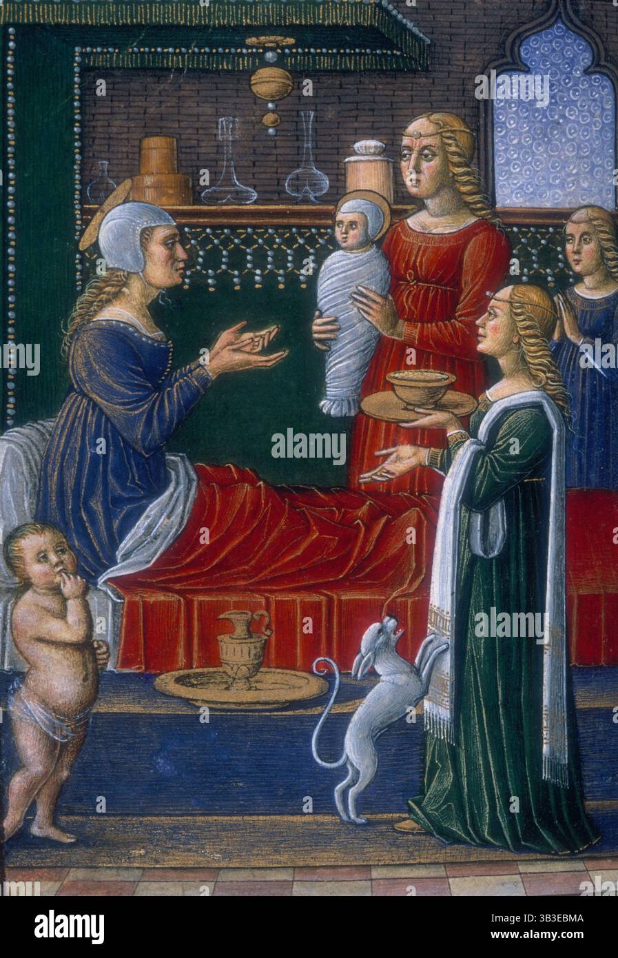 Die Geburt der Jungfrau, Ende des 15. Jahrhunderts. Die Heilige Anne sitzt im Bett und hält ihre Hände nach ihrer gewickelten, neugeborenen Tochter, die von einer Helferin oder Hebamme gehalten wird. Eine andere Frau hält eine Schüssel Futter, während ein Hund auf sie aufspringt. Ein kleiner Junge schaut zu. Stockfoto