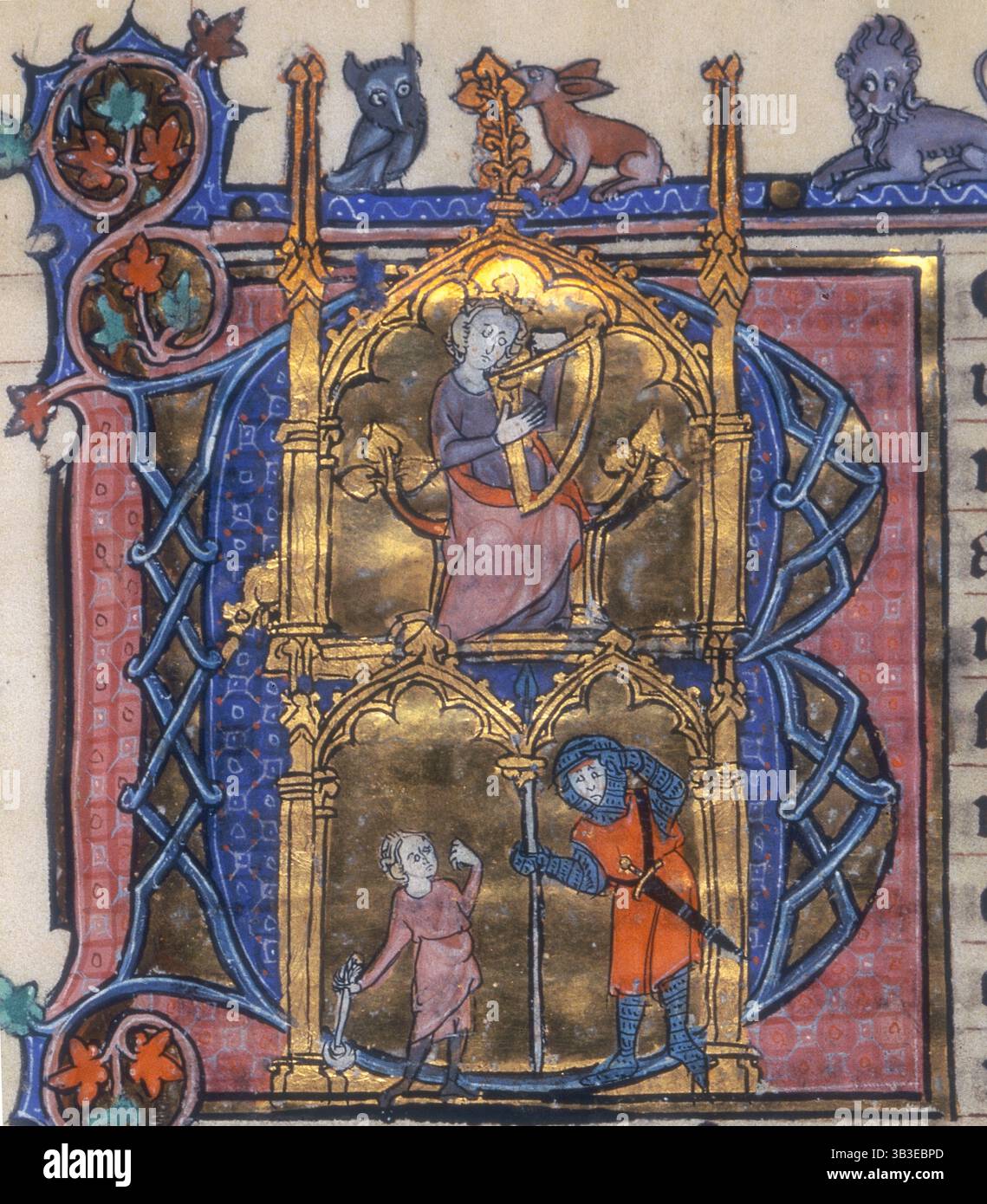 Initial B. Psalter und Horae, c1295-c1310. Szenen aus dem Leben von König David. Oben: David spielt eine Harfe. Unten: David und Goliath. Stockfoto