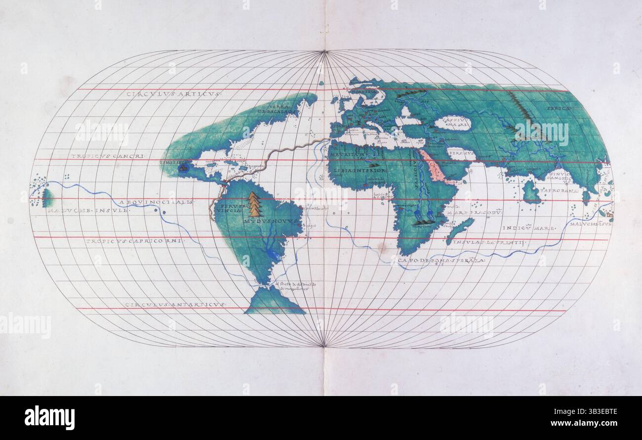Karte, die Magellans Route zeigt, 1536. 1519 befehligte der portugiesische Seefahrer Ferdinand Magellan fünf Schiffe auf einer Reise von Spanien aus, um Ostindien über die westliche Route zu erreichen. Er erreichte Südamerika noch im selben Jahr und umrundete die Südspitze des Kontinents durch die Meerenge, die heute seinen Namen trägt, und wurde damit der erste Europäer, der den Pazifik durchquerte. 1521 erreichte er die Philippinen, wurde aber bald darauf bei einem Scharmützel auf Cebu getötet. Die Überlebenden unter dem Kommando von Juan Sebasti und#xe1;n del Cano, im einzigen verbliebenen Schiff, Stockfoto