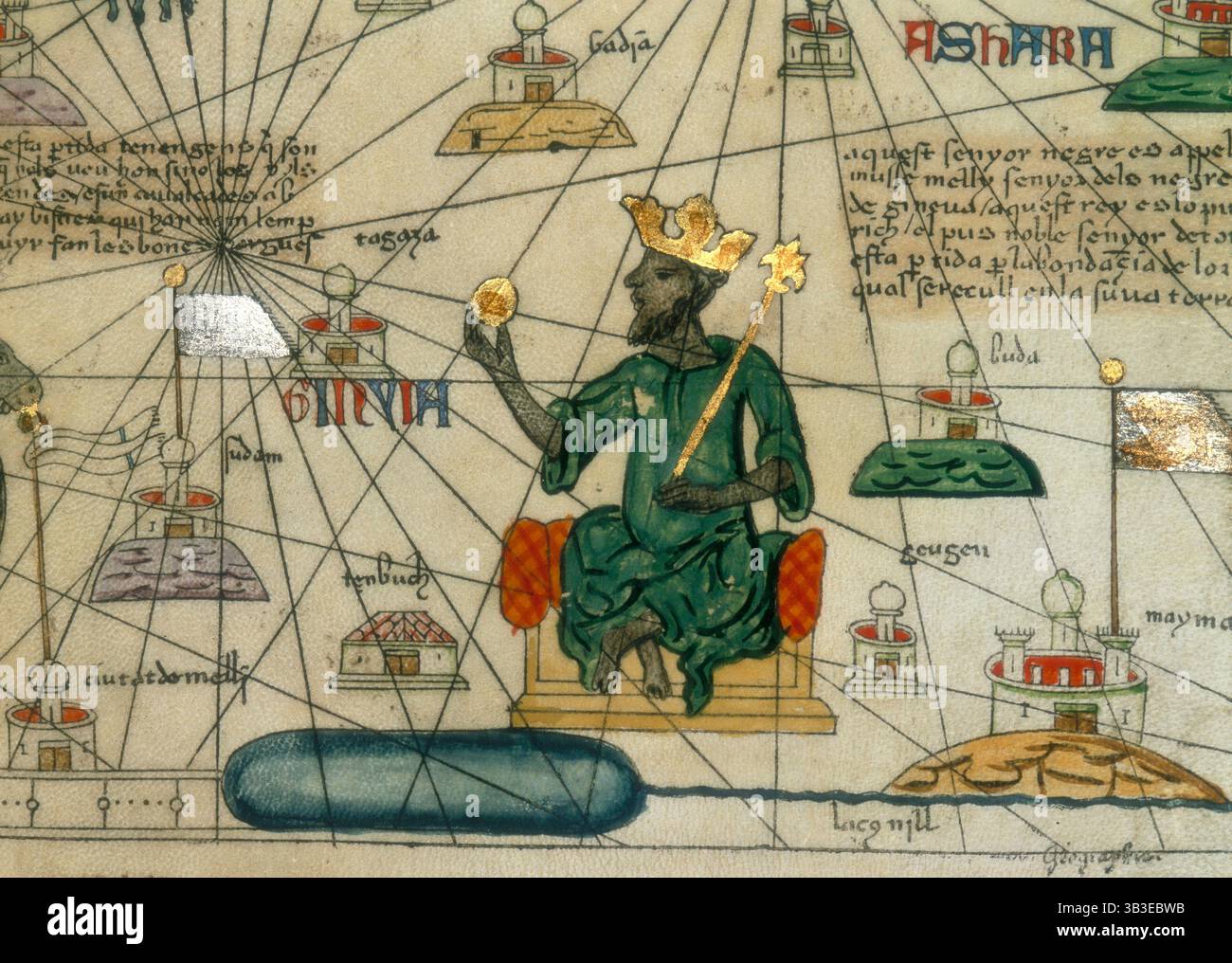 Mansa Musa, König von Mali, 1375. Darstellung von Mansa Musa, Herrscher des Mali-Reiches im 14. Jahrhundert. Er ist mit einem Goldnugget und einer Krone im europäischen Stil zu sehen. Der Abschnitt rechts bedeutet: Musa Mali, Herr von Guinea. Das Gold, das in seinem Land gefunden wird, ist so reich, dass er der reichste und edelste König im ganzen Land ist. Im Text wird er als Musse melly bezeichnet. Aus einem katalanischen Atlas der bekannten Welt (mapamundi), gezeichnet von Abraham Cresques von Mallorca. Stockfoto