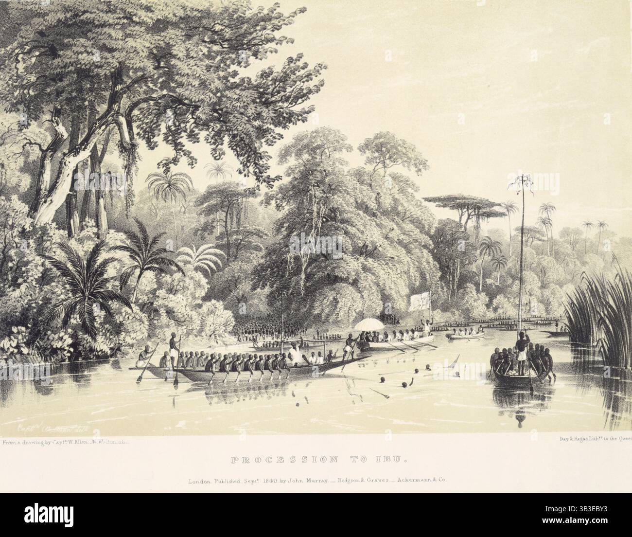 Prozession zur IBU, 1840. Westafrikanische Expedition. Ein Kanu scheint gesunken zu sein - Männer werden im Wasser gesehen. Die Europäer sitzen unter dem weißen Schirm in der Mitte, mit einem gewerkschaftsheber und einem Schlagzeuger im Bug. Von „malerischen Aussichten auf den Fluss Niger, entworfen während Landers letztem Besuch 1832-33“ von Captain William Allen, R. N. und John Lander. Stockfoto Prozession zur IBU, 1840. Westafrikanische Expedition. Ein Kanu scheint gesunken zu sein - Männer werden im Wasser gesehen. Die Europäer sitzen unter dem weißen Schirm in der Mitte, mit einem gewerkschaftsheber und einem Schlagzeuger im Bug. Von „malerischen Aussichten auf den Fluss Niger, entworfen während Landers letztem Besuch 1832-33“ von Captain William Allen, R. N. und John Lander. Stockfoto