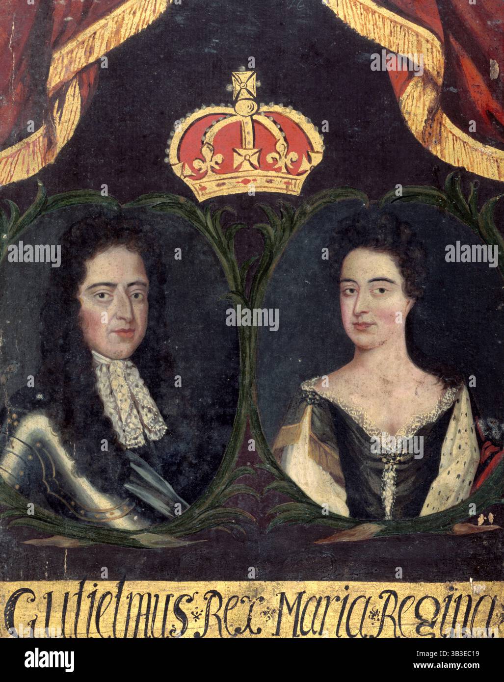 Porträt von Wilhelm und Maria (um Ende des 18. Jahrhunderts?) Porträt, das möglicherweise die Krönung von König Wilhelm III. Und seiner Königin Maria II. Am 11. April 1689 aus dem Guild Book of the Barber Surgeons of York feiert. Stockfoto