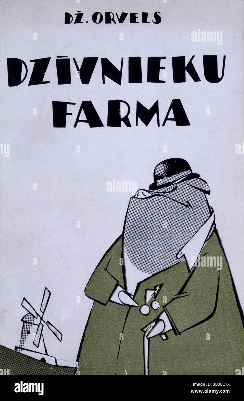 Cover einer lettischen Übersetzung von George Orwells "Animal Farm", 1954. Orwells antitotalitäre Bücher, Animal Farm und Nineteen-844, waren während des Kalten Krieges unter den Dissidenten im Sowjetblock enorm einflussreich. Übersetzungen wie diese wurden in inoffiziellen getippten oder handschriftlichen Kopien weitergegeben, obwohl die Strafe für ihren Besitz eine Gefängnisstrafe sein könnte. Stockfoto