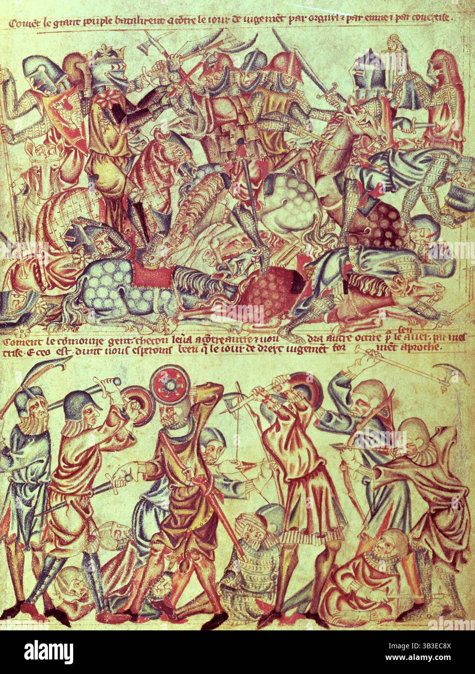 Ritter und Fußsoldaten in der Schlacht, C1320-1330. Oben: Die Gleichaltrigen kämpfen sich zu Pferd. Sie tragen eine volle Rüstung, einschließlich Bascinets mit großen beweglichen Visieren; einer trägt ein Schild mit einer Wyvern, ein anderer hat ein Spikes-Poleyn am Knie. Der König hat ein Visier mit gegrilltem Visier und sternförmige Aailetten auf seinen Schultern. Die Waffen sind Äxte, Falchionen und gerade Schwerter. Unten kämpfen sich die Bürger zu Fuß. Ihre Rüstung ist leichter, einschließlich Bascinets ohne Visier. Die gezeigten Waffen sind ein Falchion, ein glaive, Schwerter, Äxte und zwei Bögen. mit Pfeilen. Aus Der Stockfoto