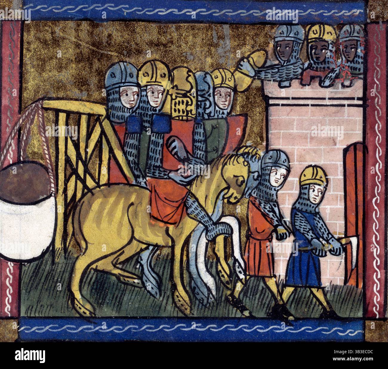 Soldaten mit einem Trebuchet, Mitte des 14. Jahrhunderts. Ein Trebuchet war eine Art Katapult, mit dem Raketen, wie große Steine, auf den Feind geschossen wurden. Der Mann ganz rechts hat ein Werkzeug zum Graben, eine andere Möglichkeit, die Verteidigung des Feindes zu durchbrechen. Die Verteidiger sind wahrscheinlich Sarazenen. Stockfoto Soldaten mit einem Trebuchet, Mitte des 14. Jahrhunderts. Ein Trebuchet war eine Art Katapult, mit dem Raketen, wie große Steine, auf den Feind geschossen wurden. Der Mann ganz rechts hat ein Werkzeug zum Graben, eine andere Möglichkeit, die Verteidigung des Feindes zu durchbrechen. Die Verteidiger sind wahrscheinlich Sarazenen. Stockfoto
