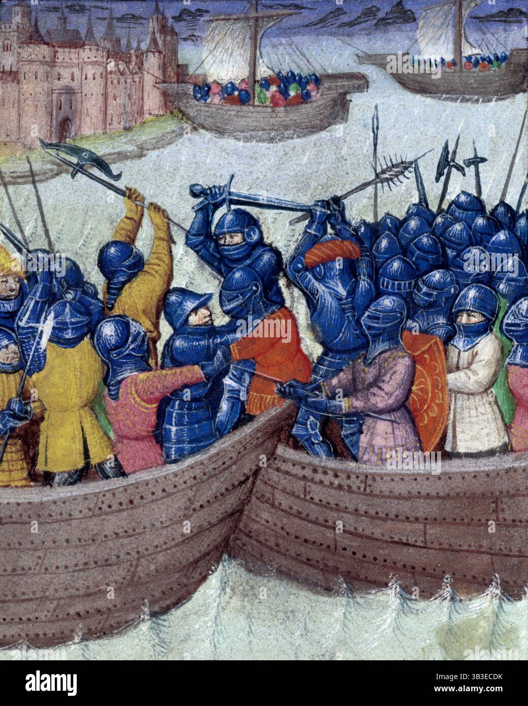 Seeschlacht, C1450. In Seeschlachten kamen die Schiffe so nah wie möglich zusammen, und die Besatzer setzten eine Vielzahl von Waffen ein, um zu Fuß zu kämpfen. Nachdem die eine Seite die andere besiegt hatte, warfen die Sieger ihre Gegner über Bord, es sei denn, sie waren wichtig genug, um ein Lösegeld zu erhalten. Von Roman de Mélusine. Stockfoto