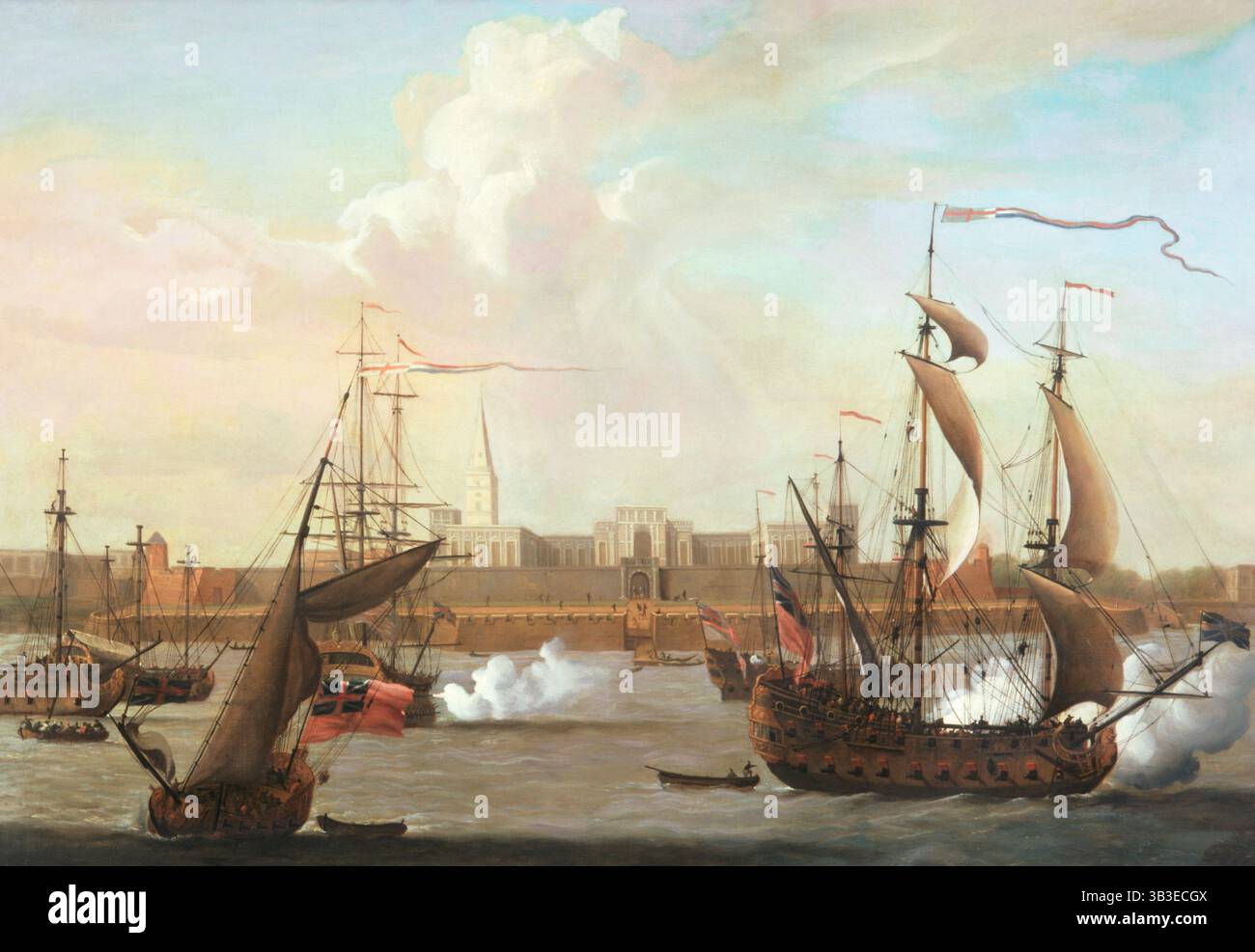 Fort William, Kalkutta, Indien, 1731. Die Nawab von Bengalen erteilte der East India Company 1690 eine Handelslizenz, das Gebiet wurde von der Company zu Fort William entwickelt. Kalkutta wurde zum Zentrum des britischen Einflusses in Indien. Eines von sechs Gemälden, die von der East India Company in Auftrag gegeben wurden. Stockfoto