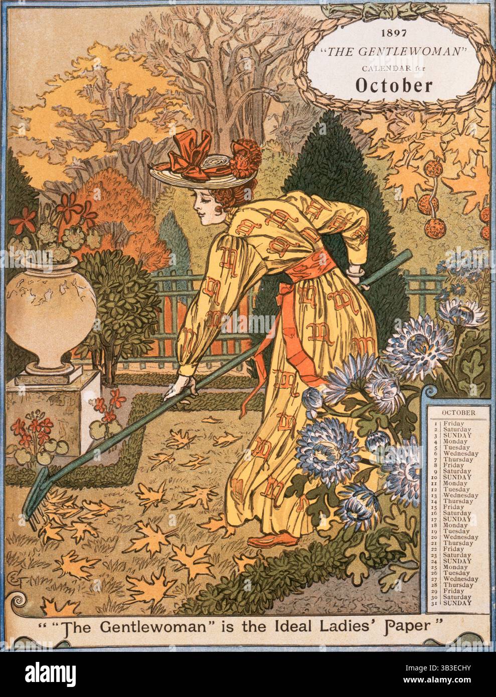 "The Gentlewoman"-Kalender für Oktober 1897. Die Gentlewoman, die sich selbst als „ideal Ladies“ bezeichnete, war eine illustrierte Wochenzeitschrift, die von 1890 bis 1926 veröffentlicht wurde. Stockfoto