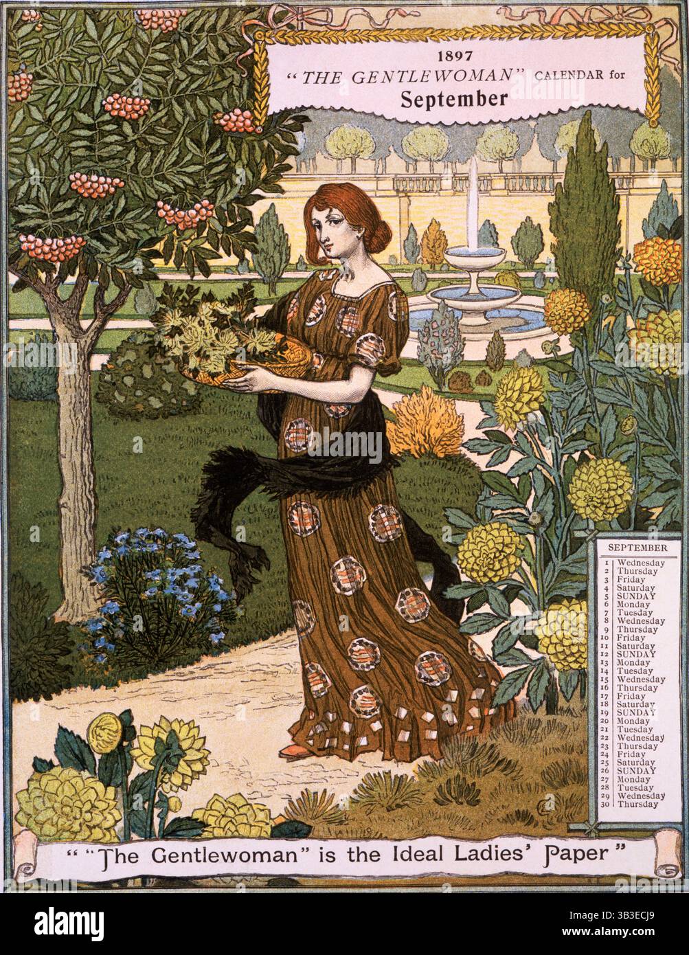 "The Gentlewoman"-Kalender für September 1897. Die Gentlewoman, die sich selbst als „ideal Ladies“ bezeichnete, war eine illustrierte Wochenzeitschrift, die von 1890 bis 1926 veröffentlicht wurde. Stockfoto