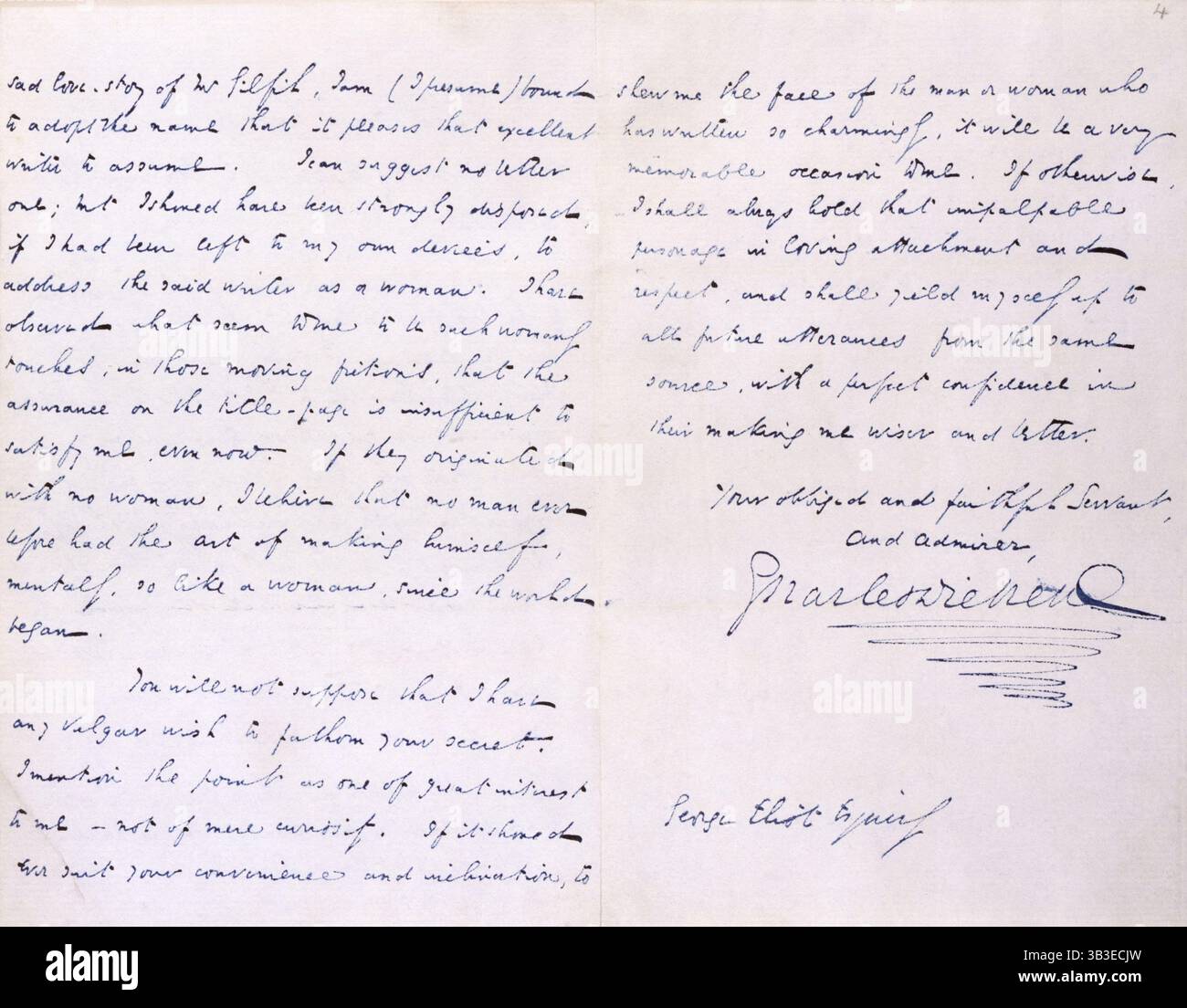 Brief von Charles Dickens an George Eliot (Mary Ann Evans), die Romanautorin, dankt ihr für eine Kopie der „Szenen des klerikalen Lebens“; 18. Januar 1858. Das Schreiben ist an George Eliot Esquire gerichtet. "...Ich bin (nehme an) verpflichtet, den Namen anzunehmen, den dieser ausgezeichnete Schriftsteller annehmen möchte. Ich kann keine bessere vorschlagen; aber ich hätte, wenn man mich selbst überlassen hätte, den besagten Schriftsteller als Frau ansprechen sollen. Ich habe in diesen bewegenden Fiktionen, die mir so weiblich erscheinen, beobachtet, dass die Zusicherung auf der Titelseite nicht ausreicht, um sie zu befriedigen Stockfoto