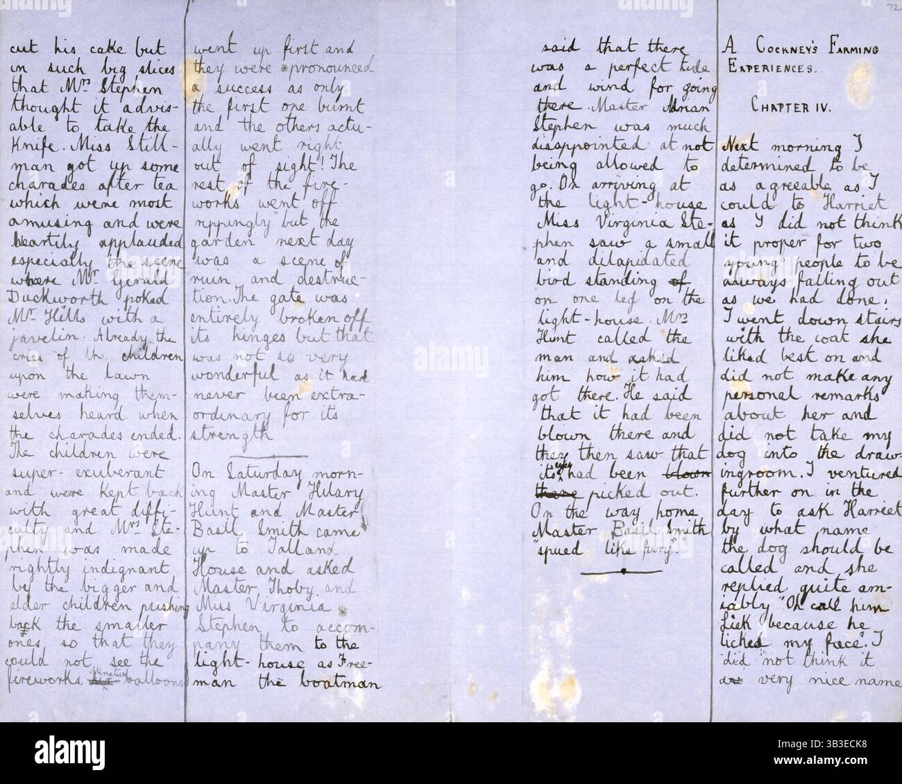 Hyde Park Gate News, Familienmagazin produziert von Virginia Woolf und Vanessa Bell, 1891–1892. Seite einer Zeitschrift von Vanessa Stephen (später Bell, Malerin) und ihrer Schwester Adeline Virginia Stephen (später Woolf, Romanautor). '... schneide seinen Kuchen in so große Scheiben, dass Mrs. Stephen es für ratsam hielt, das Messer zu nehmen. Miss Stillman hat nach dem Tee ein paar Scharaden aufgebracht, die sehr amüsant waren und von Herzen applaudiert wurden, besonders die Szene, in der Mr. Gerald Duckworth Mr. Hills mit einem Speer gestochen hat. Schon die Schreie der Kinder auf dem Rasen machten sich hörbar, als die Scharaden en Stockfoto