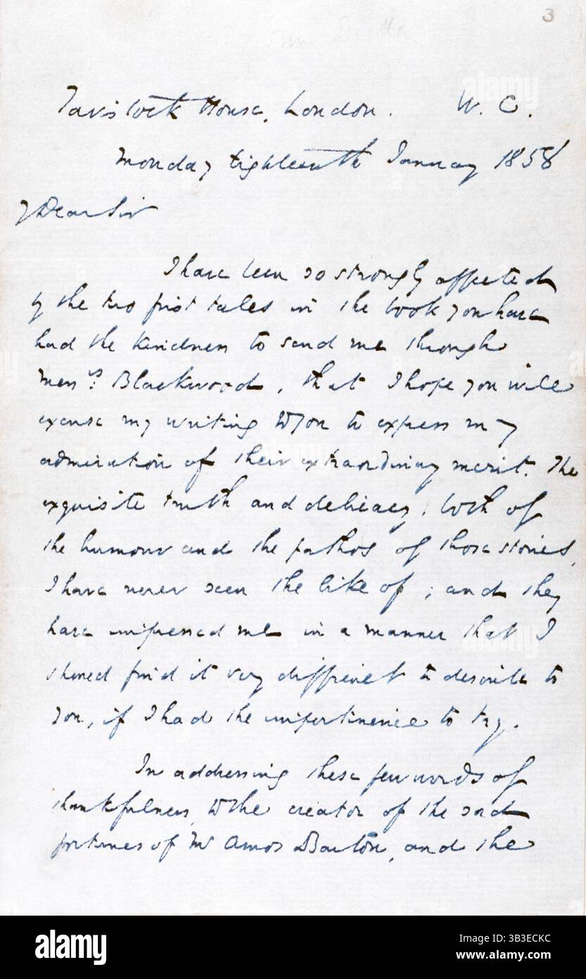 Brief von Charles Dickens an George Eliot (Mary Ann Evans), die Schriftstellerin, dankt ihr für eine Kopie der „Szenen des klerikalen Lebens“; 1858. Der Brief ist an George Eliot Esquire gerichtet, Dickens glaubt, Evans sei ein Mann. Tavistock House, London, W.C. Montag, 18. Januar 1858. Sehr geehrter Herr, ich war so stark von den beiden ersten Geschichten des Buches betroffen, dass Sie die Freundlichkeit hatten, mich durch die Messrn. Blackwood zu schicken, dass ich hoffe, Sie entschuldigen meine Worte, um meine Bewunderung für ihre außerordentlichen Verdienste zum Ausdruck zu bringen. Die erlesene Wahrheit und Zartheit, sowohl der Humor als auch Stockfoto