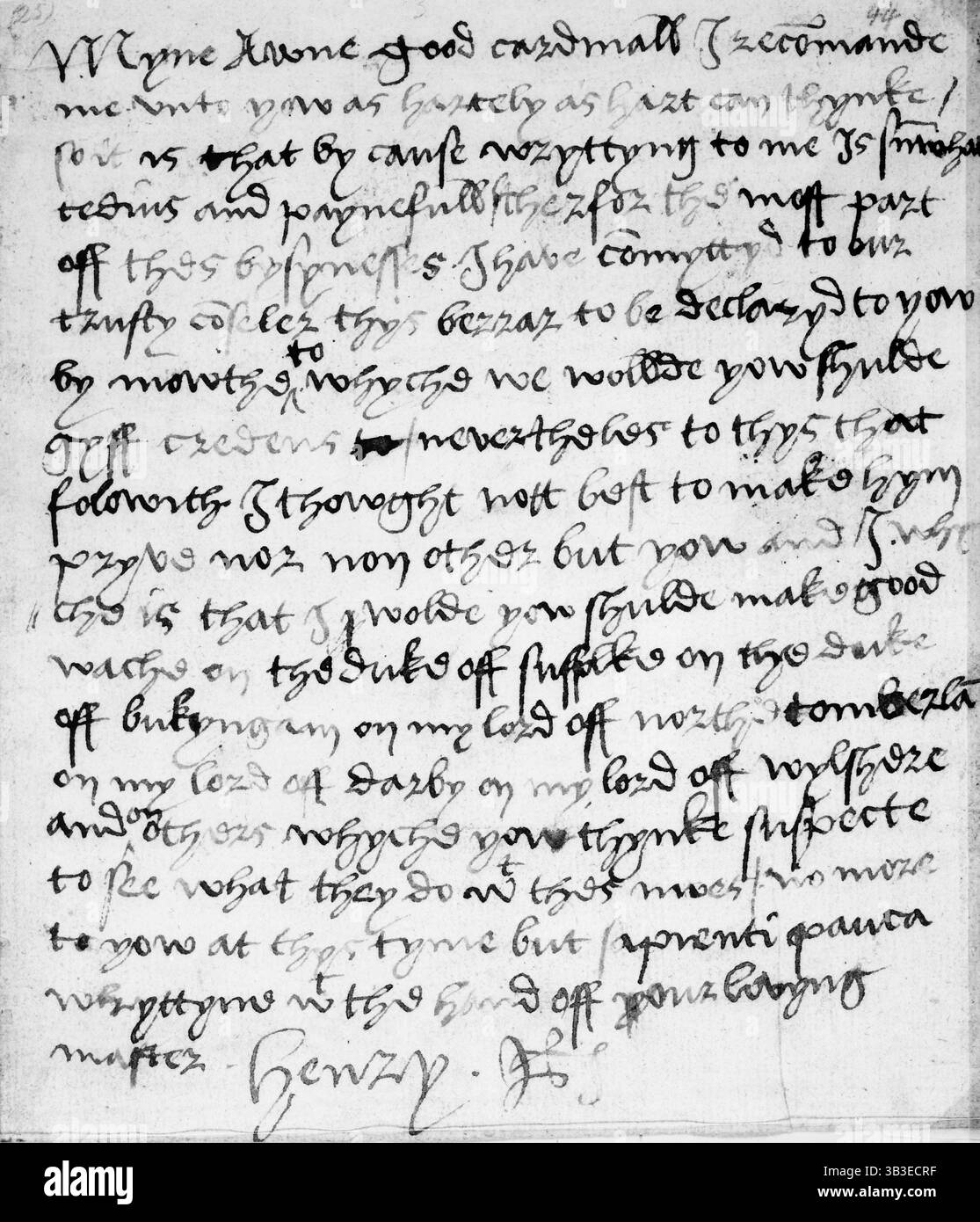 Holografie-Brief von König Heinrich VIII. An Kardinal Thomas Wolsey, um 1519-20. Diese geheime Notiz an Wolsey offenbart Henrys absolutes Vertrauen in seinen Minister. Henry fand die Buße mühsam und das ist ein seltenes Beispiel für einen Brief, der ganz in seiner Hand lag. Von der dritten Zeile an gesteht Henry, dass „durch Grund wryttyng für mich su(m) ist, was langweilig und zahlungsvoll, darin zum größten Teil von diesen Nebenspielen habe ich Co(m)myttyd zu unserem treuen Co(un)seler thys berrar, um yow durch Mähen deklariert zu werden“. Die Sache, über die er schreibt, konnte dem Boten nicht zugestanden werden, "noch nicht anders als yow und ich". Henr Stockfoto