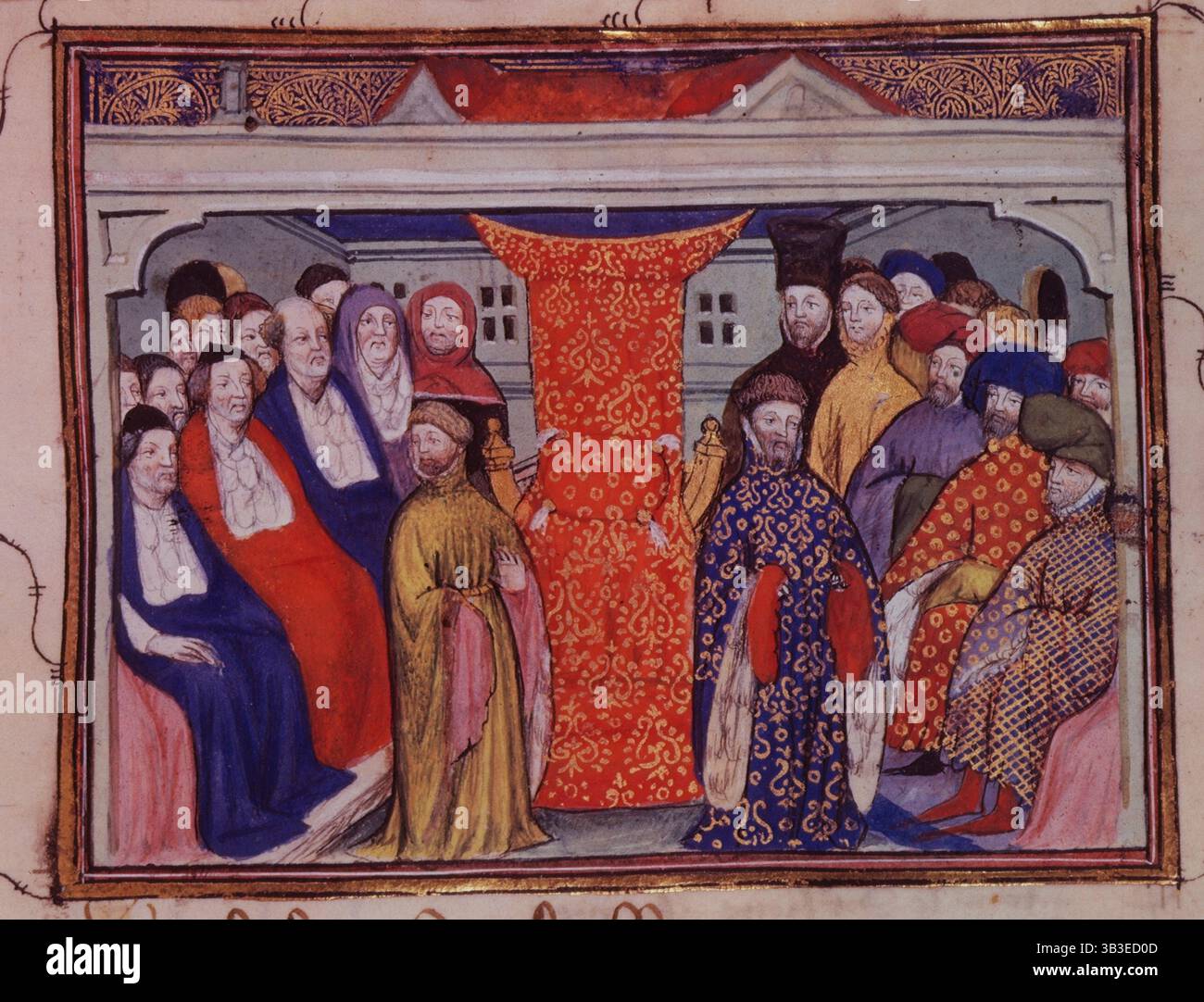 Henry Bolingbroke beansprucht die Krone, c1401-c1405. Henry Bolingbroke, Herzog von Lancaster, wird vom Parlament zum König Heinrich IV. Ernannt. Heinrich IV. (Um 1367–1413), auch bekannt als Henry Bolingbroke, war von 1399 bis 1413 König von England. Aus „La Prinse et mort du roy Richart“ (Buch der Gefangennahme und des Todes von König Richard II.) von Jean Creton. Stockfoto