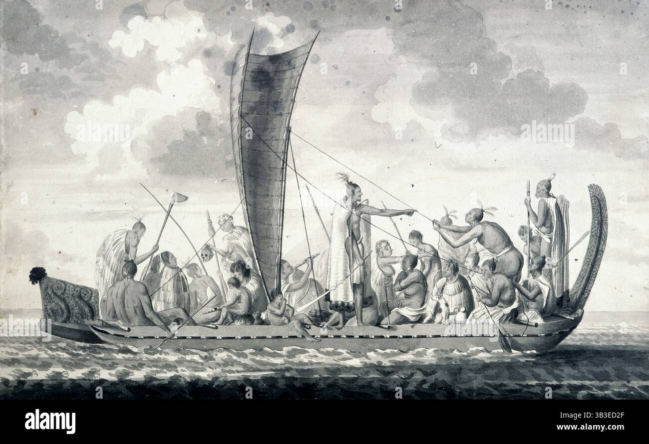 Ein neuseeländisches Kriegskanu mit Segel, 1768-1780. Ein Maori-Kriegskanu mit seiner Besatzung, von denen einer einen menschlichen Schädel hält; an Bord sind auch Frauen, Kinder und ein Hund. Ein Mann im Mantel gibt Befehle. Aus Einer Sammlung von Zeichnungen von A Buchan, S Parkinson und JF Miller, die in den von Capt Cook in seiner ersten Reise besuchten Ländern entstanden sind, auch von Druckgrafiken, die in Hawksworths Voyages of Biron, Wallis, and Cook sowie in Cooks Second and Third Voyages veröffentlicht wurden. Captain Cooks erste Reise war 1768–1771, seine zweite Reise 1772–1775 und die dritte Reise 1776–1780. Stockfoto