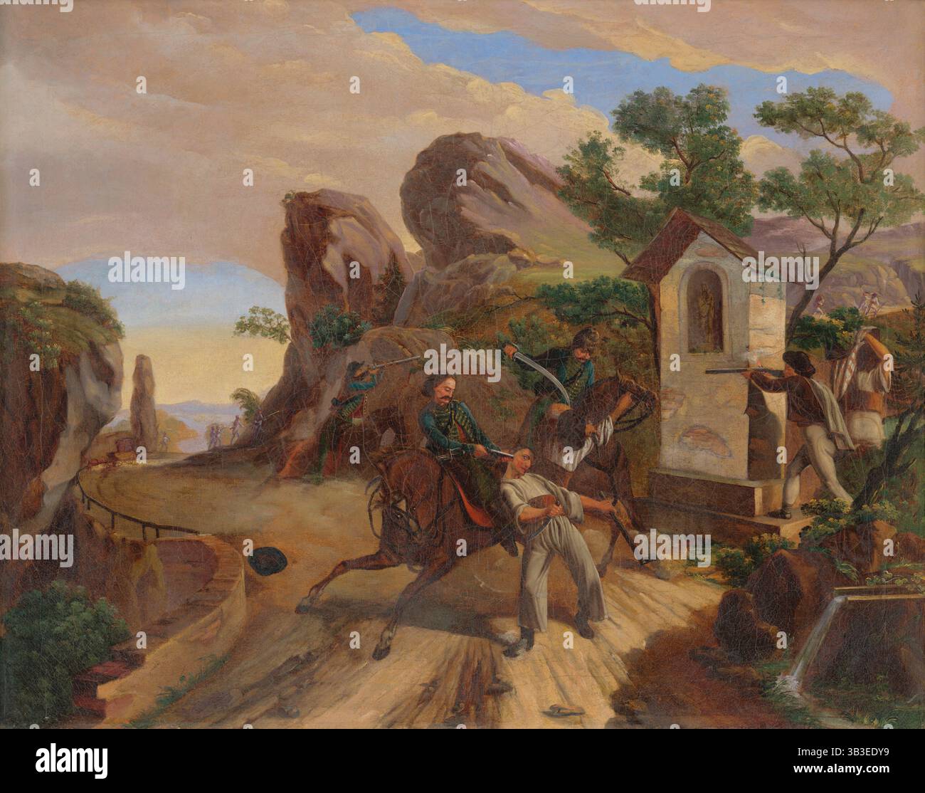 Banditenüberfall, 1847-1850. Reisende werden in der Nähe eines Schreins am Straßenrand angegriffen. Stockfoto