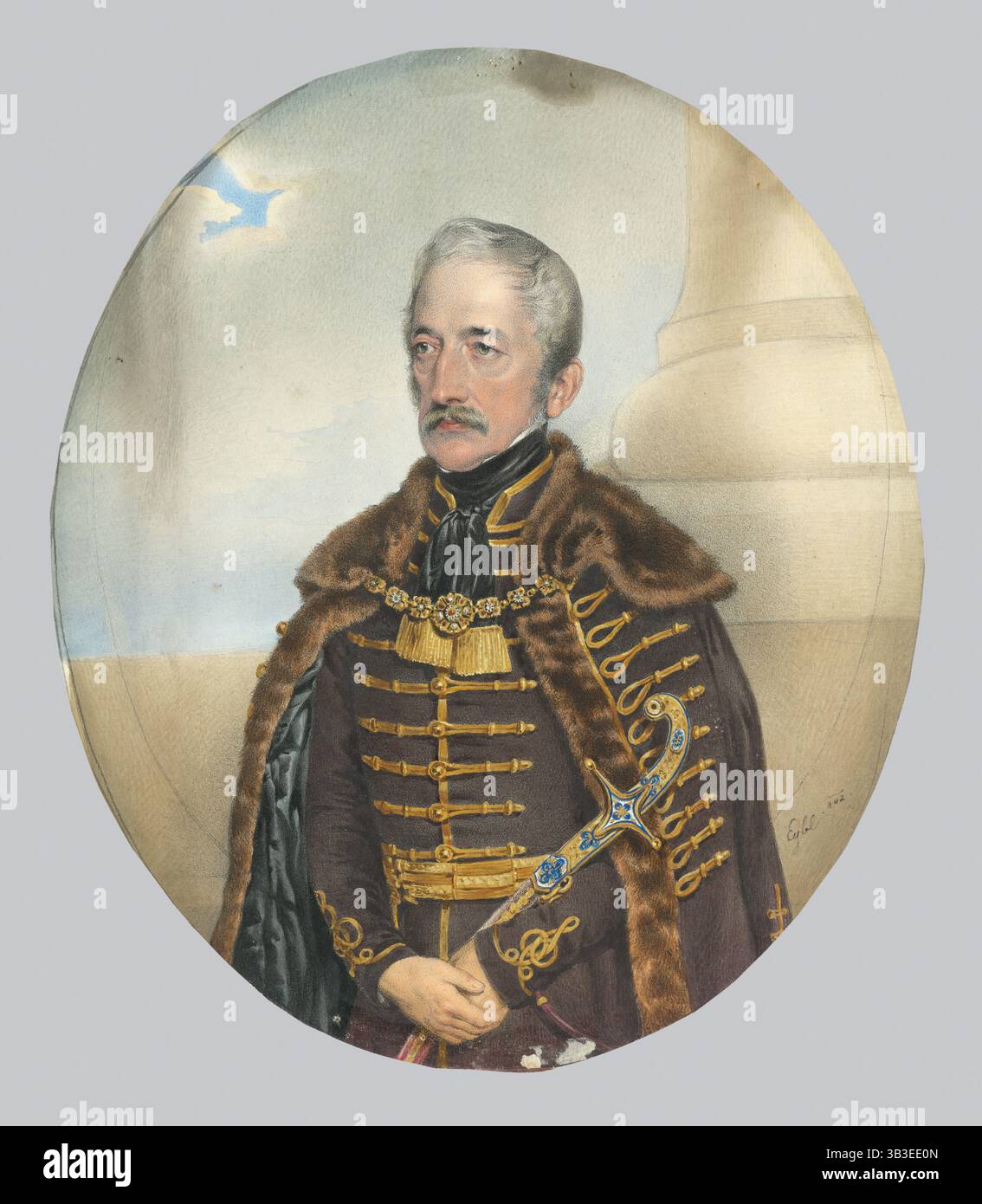 Porträt eines Adligen mit Schwert, 1842. Ein Mann trägt einen Pelzmantel, der mit einem goldenen Verschluss verschlossen ist. Stockfoto