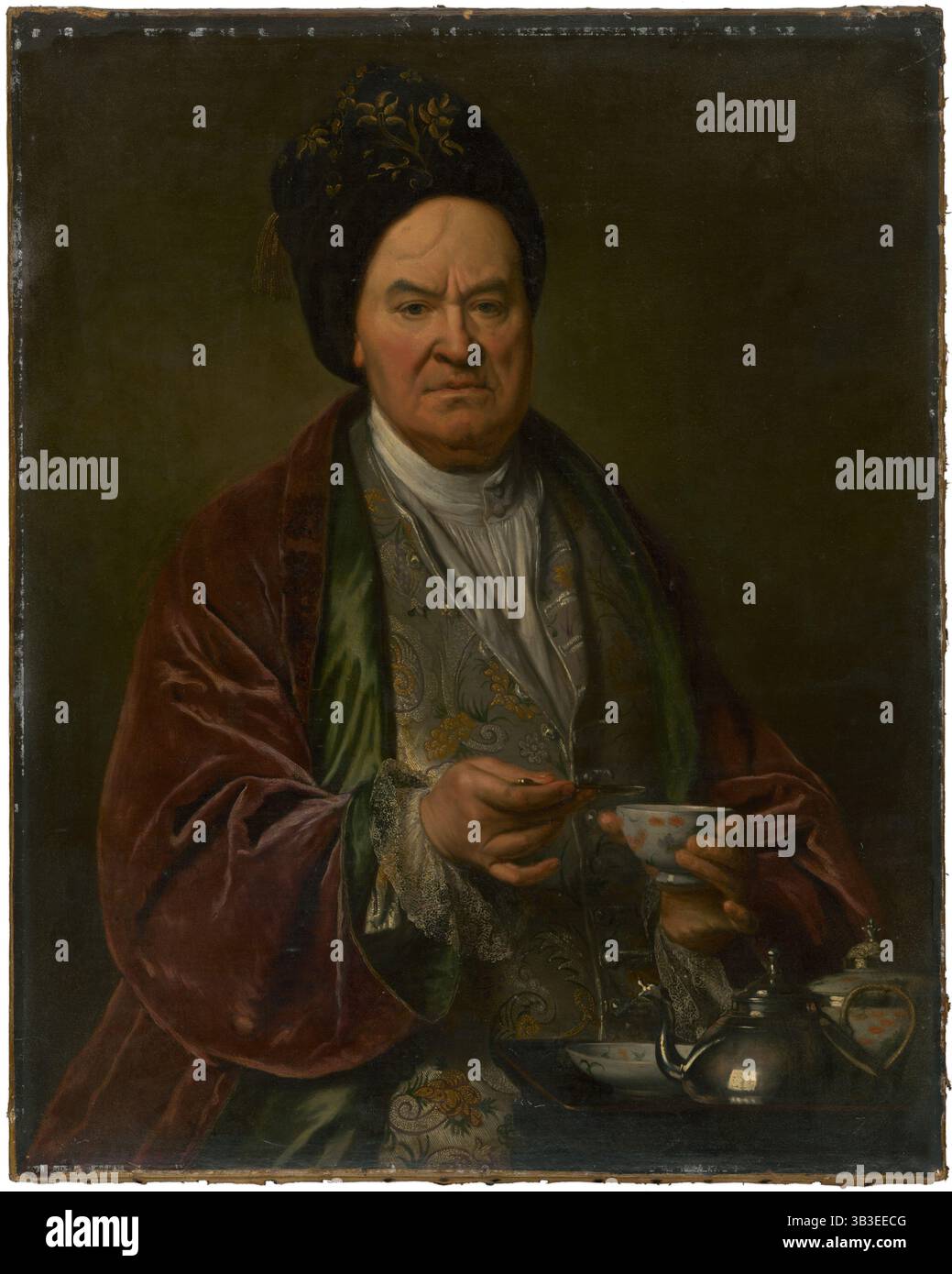 Porträt eines Mannes, 1700-1730. Mann mit Samtmantel, der eine Teetasse hält. Wahrscheinlich von J&#xe1;n Kupeck&#xfd;. Stockfoto