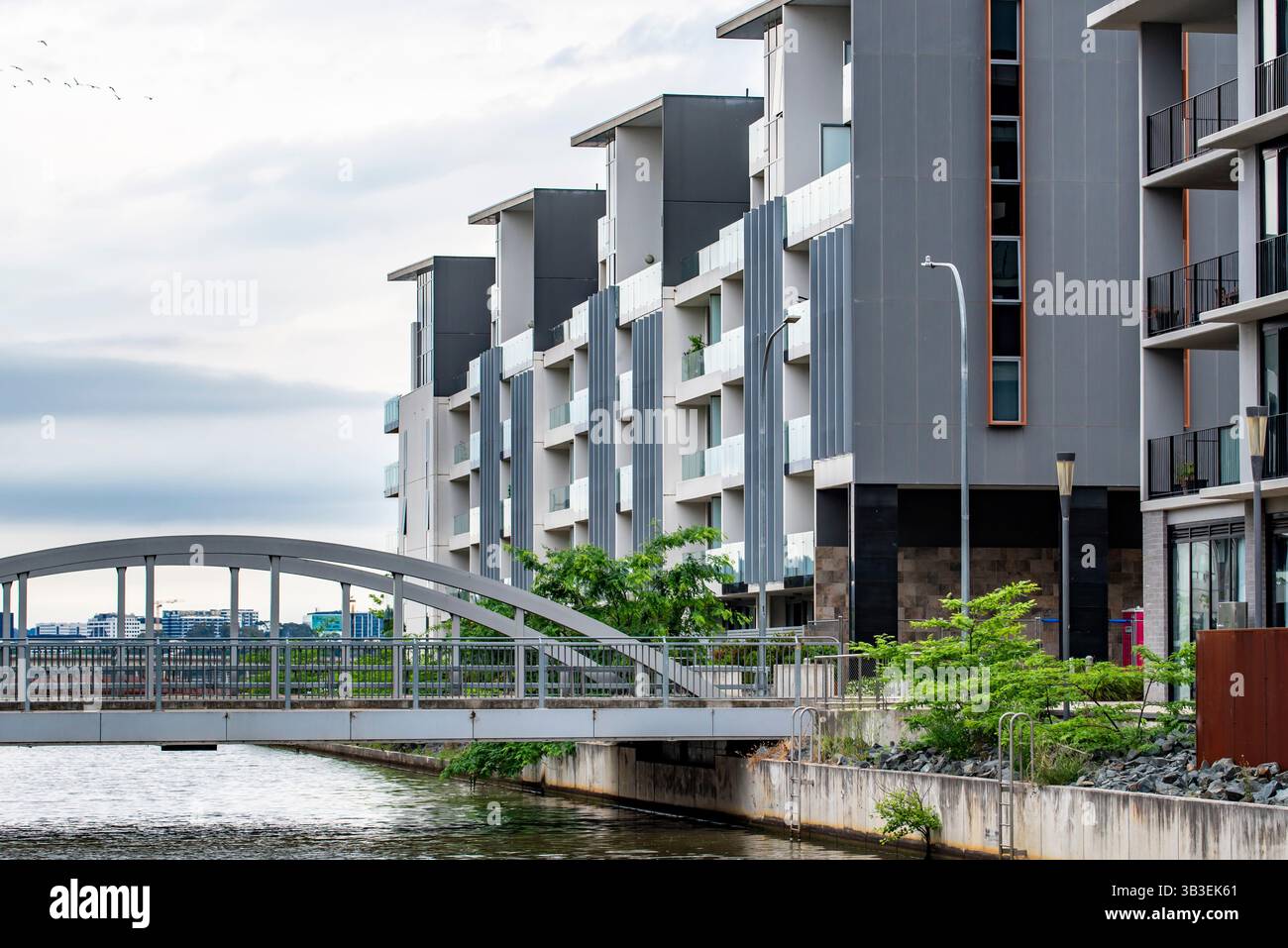 Moderne Hochhauswohnungen auf Kingston Island am Ufer des Lake Burley Griffin in Canberra, ACT, Australien Stockfoto