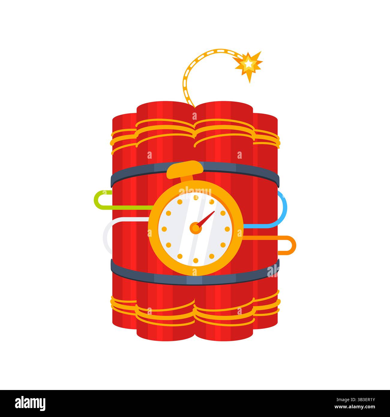 Rote Dynamit-Sticks, die mit Timer und Sicherung verbunden sind, zeigen eine bevorstehende Explosion Stock Vektor