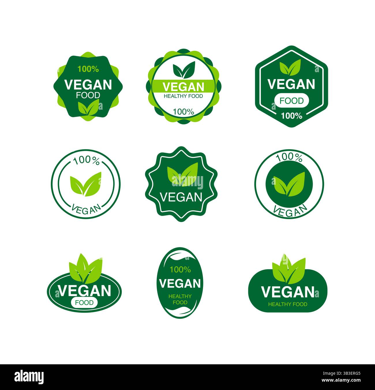 Set von veganen grünen Logos für gesundes Essen mit Blättern Stock Vektor