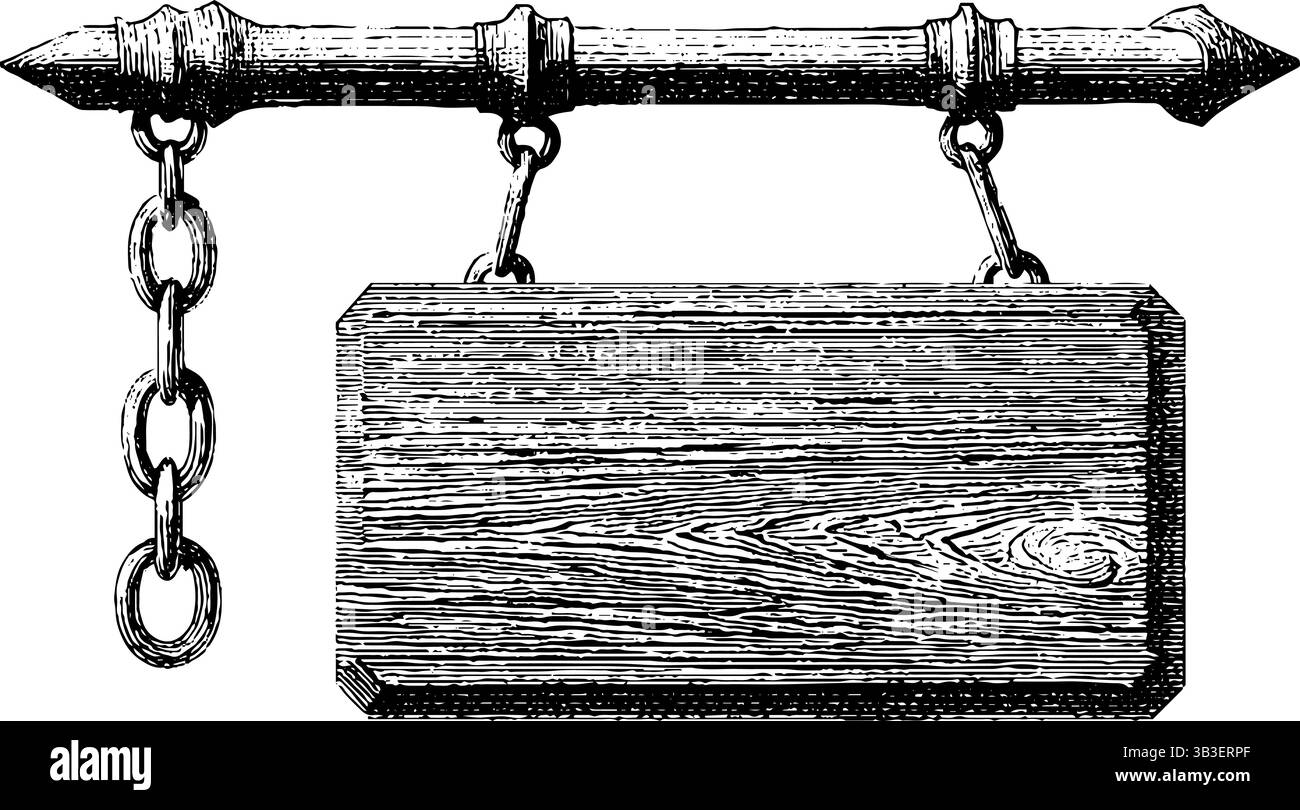 Vintage-gravierte Illustration mit hängendem Ladenschild für Retro-Dekor und Branding. Stock Vektor