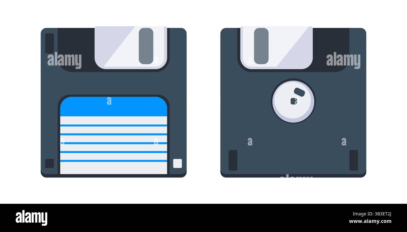 Vorder- und Rückseite einer Diskette, ein in der Vergangenheit verwendetes Speichermedium Stock Vektor