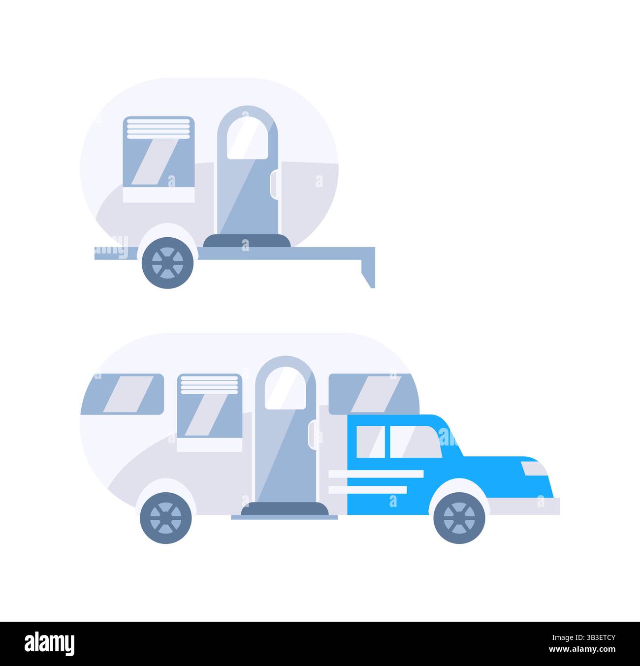 Blaues Auto zieht einen Wohnwagen für den Sommerurlaub Stock Vektor