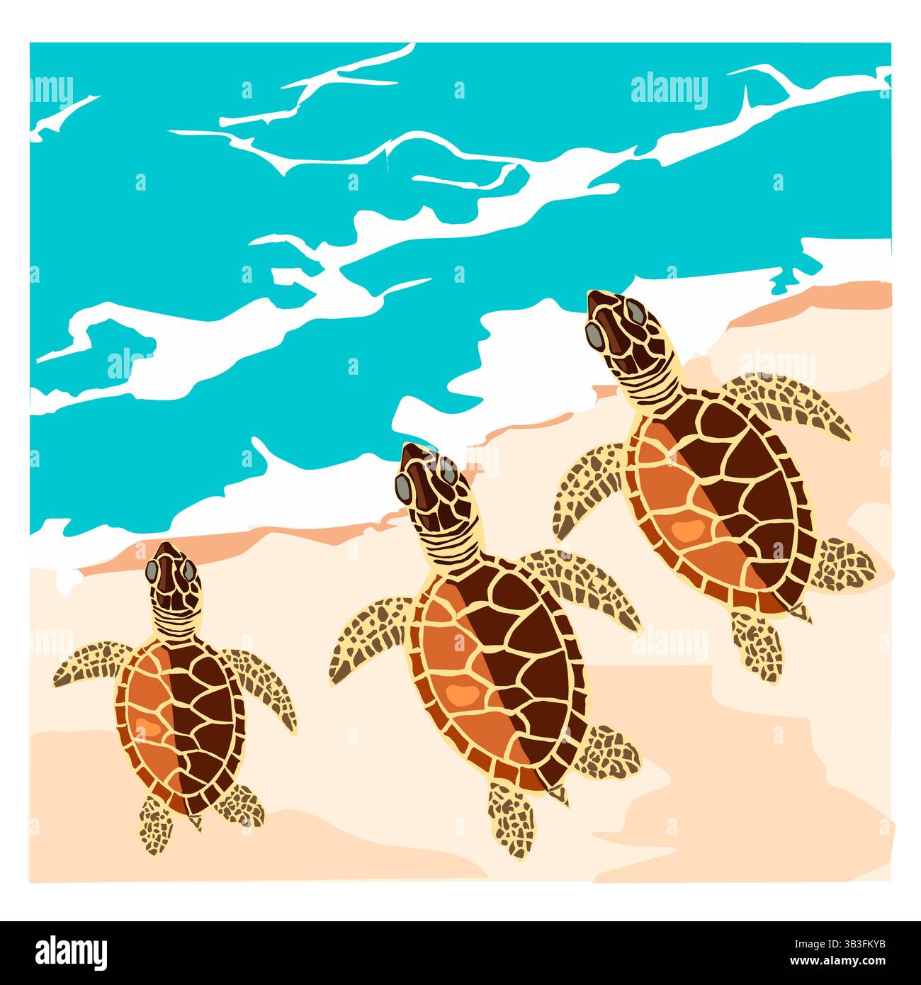Bunte Vektor-Illustration von drei Meeresschildkröten schlüpfen entlang des Strandes in Richtung Ozean. Natur, Meeresschutz und Tierwelt. Stock Vektor