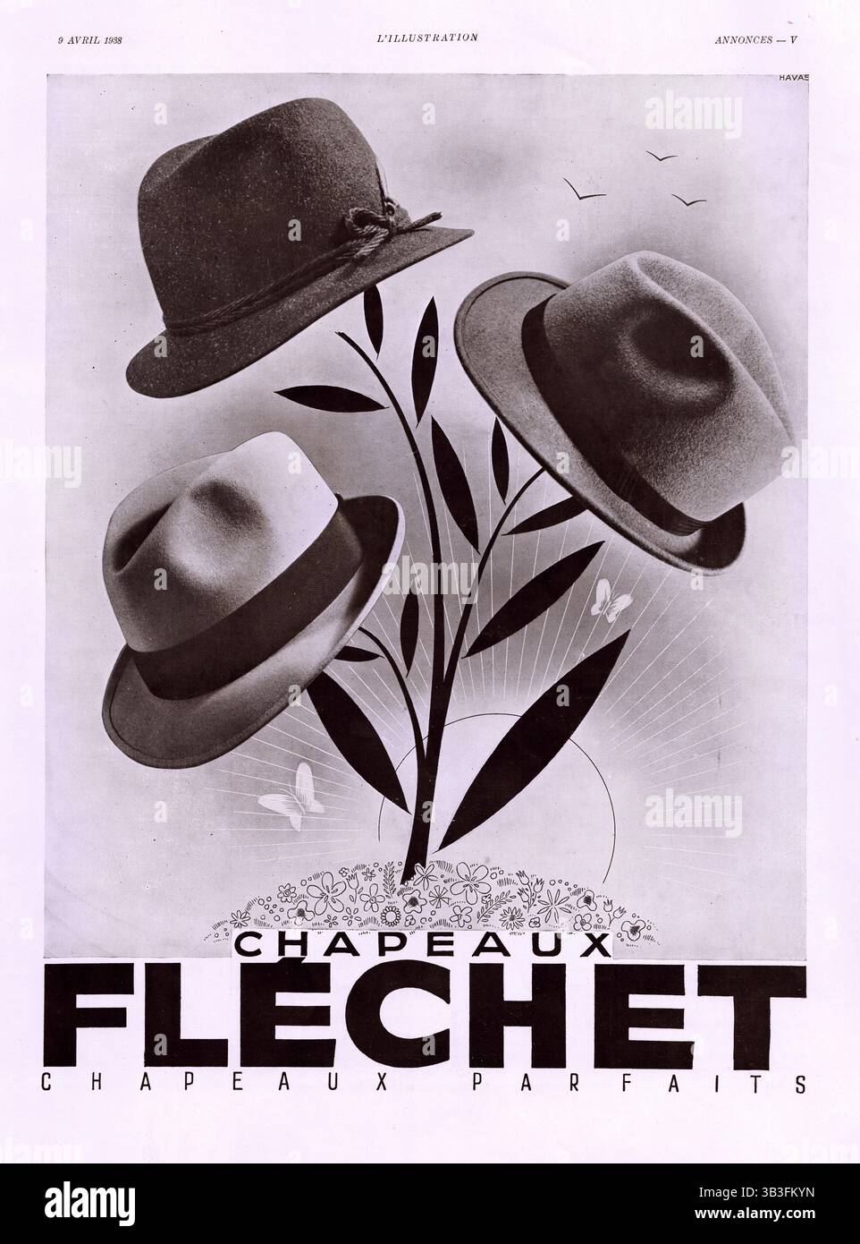 Chapeaux Flechet Werbung 1920er Jahre, alte Zeitschrift Vintage Flechet Hüte Werbung Stockfoto
