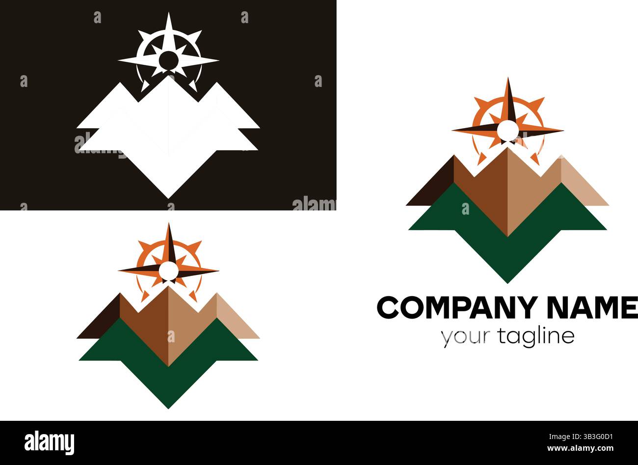 Hiking Mountain Logo mit Kompass und geometrischer Bergform Stock Vektor