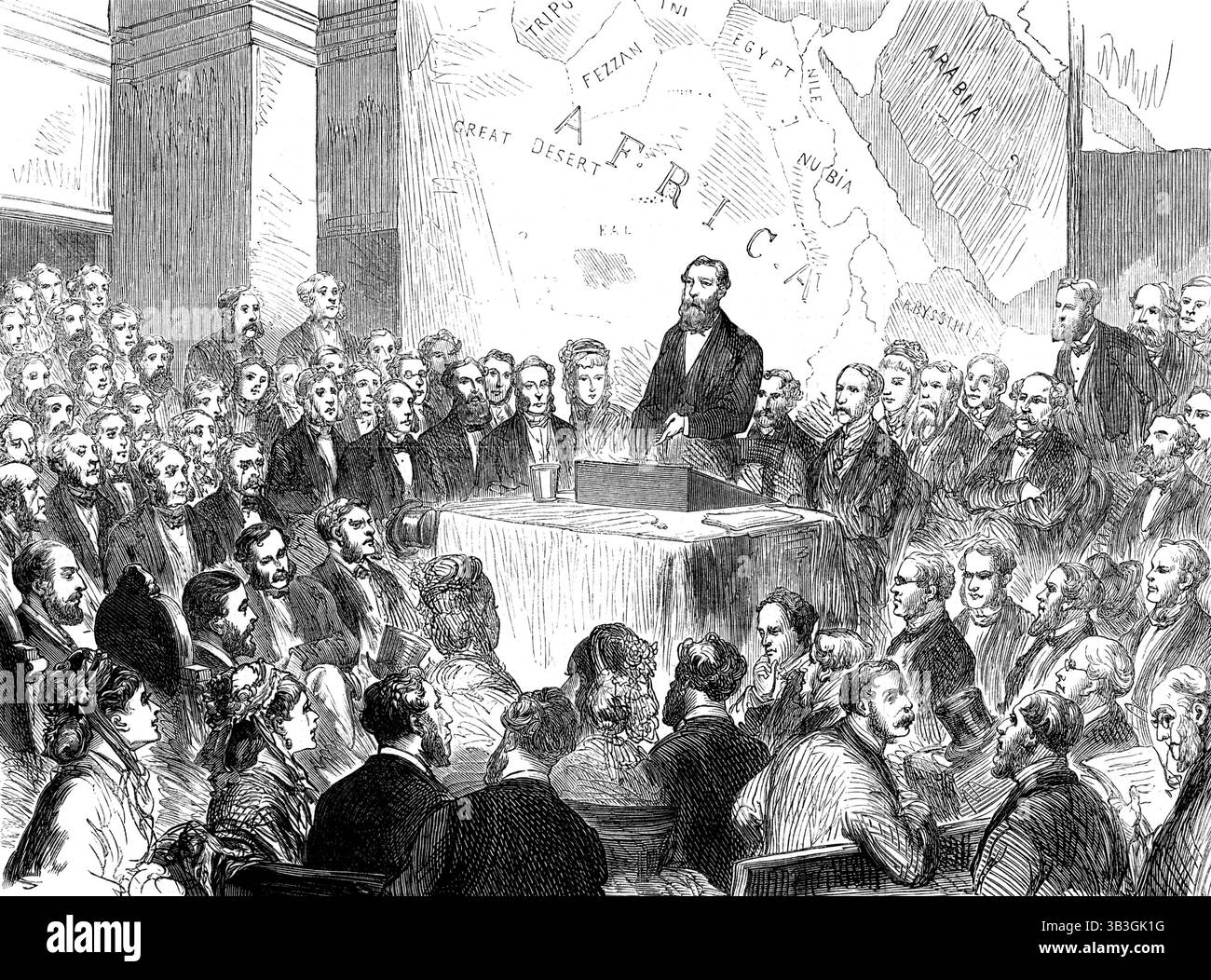 Sir Samuel Baker bei der Sitzung der Royal Geographical Society, 1873. Der Vortrag, den Sir Samuel Baker hielt, wurde mit der Anwesenheit seiner Königlichen Hoheit des Prinzen von Wales geehrt... das Publikum zählte etwa 1500 Damen und Herren, im Vortragssaal von... Die Londoner Universität... die Bänke waren voll, und es gab einen Schwarm, um an die Türen zu kommen... Sir Samuel begann damit, einen Bericht über die Mission zu geben, die er vom Khedive oder Vizekönig von Ägypten unternahm, mit einer militärischen Streitmacht den Nil hinaufzusteigen und den Praktiken der Entführung und des Sklavenhandels ein Ende zu setzen... die PR Stockfoto