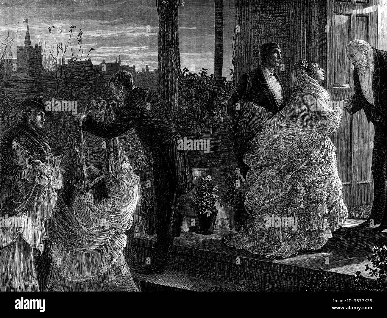 Nach der Partei – gezeichnet von E. F. Brewtnall, 1873. "Der letzte Galop" mit seinem schwindelerregenden Wirbel der letzten Ekstase unter den unersättlichen jungen Tänzern... hat aufgehört, den Boden des Ballsaals zu schütteln, oder besser gesagt des Salon ohne Teppich, wo fünfzig Leute sich von zehn Uhr abends bis vier Uhr morgens genossen haben. Es ist Zeit für alle, nach Hause zu gehen: Alle bis auf die allerletzten, wie wir jetzt wahrnehmen, sind weg; und diese stehen noch vor der Türschwelle, bereit, ihre privaten oder gemieteten Broughams zu betreten, während der höfliche und geniale Hausherr, ein älterer Mann Stockfoto