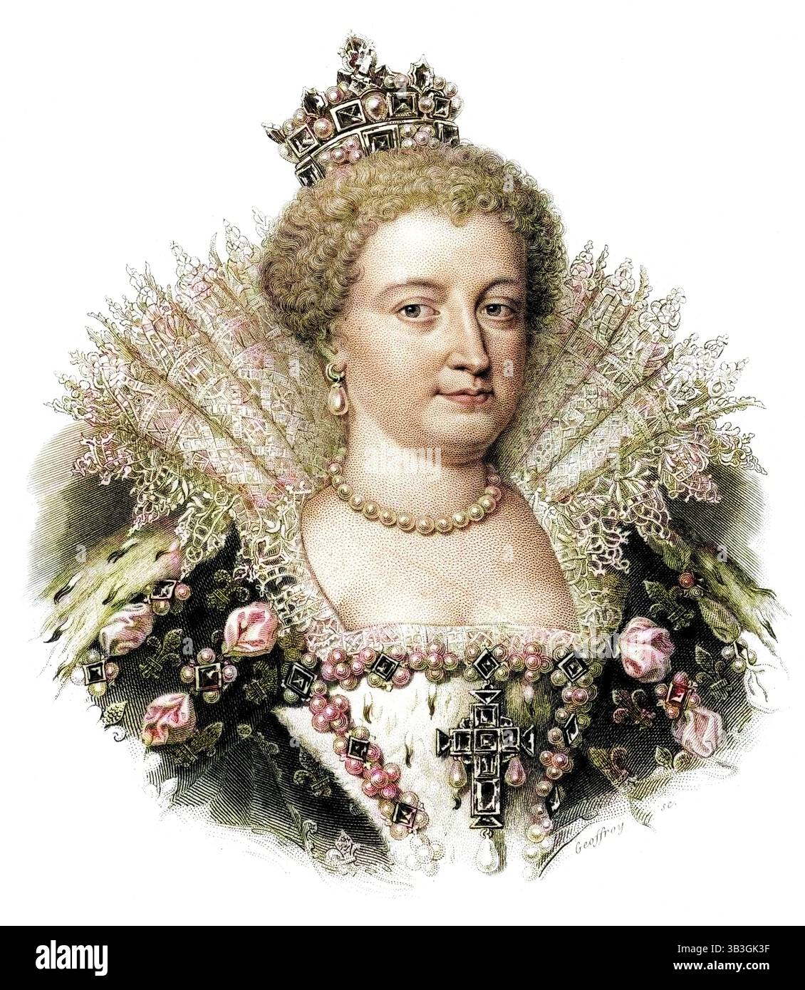Marie de' Medici. Marie (1573–1642) war die zweite Ehefrau Heinrichs IV. Sie fungierte als Regentin für ihren Sohn Ludwig XIII., nachdem Heinrich 1610 ermordet wurde. (Farbiger Schwarzweiß-Druck). Stockfoto