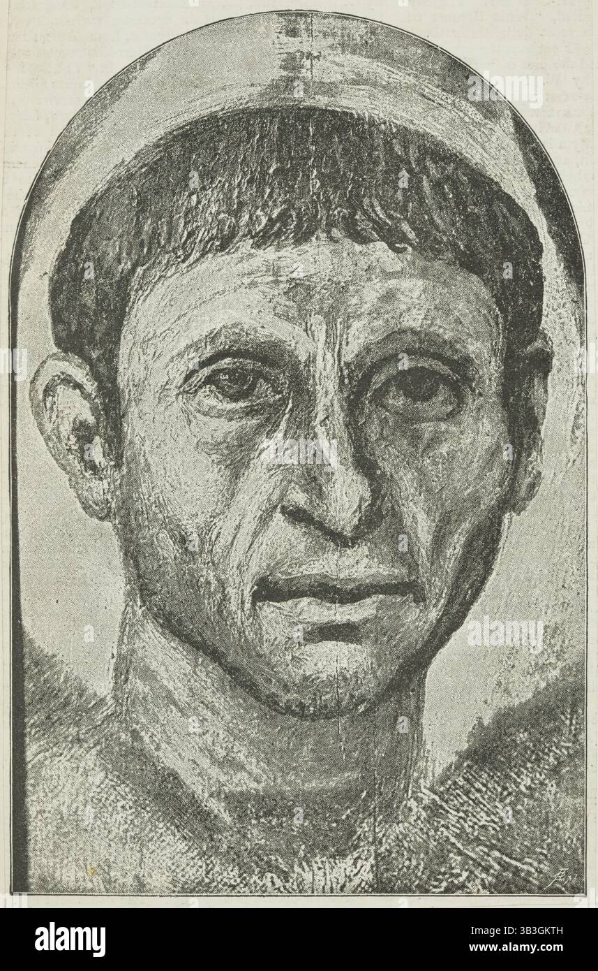 Ein ägyptisches Porträt in der ägyptischen Halle, Piccadilly, 1888. Darstellung von Grabporträtgemälden auf Holzsärgen aus dem römischen Ägypten. Dieses Gemälde wurde von dem britischen Archäologen William Matthew Flinders Petrie während seiner Ausgrabungen an der ägyptischen Stätte Fayum in den 1880er Jahren entfernt Dieses Grabporträt wurde in der ägyptischen Halle in London ausgestellt. Stockfoto