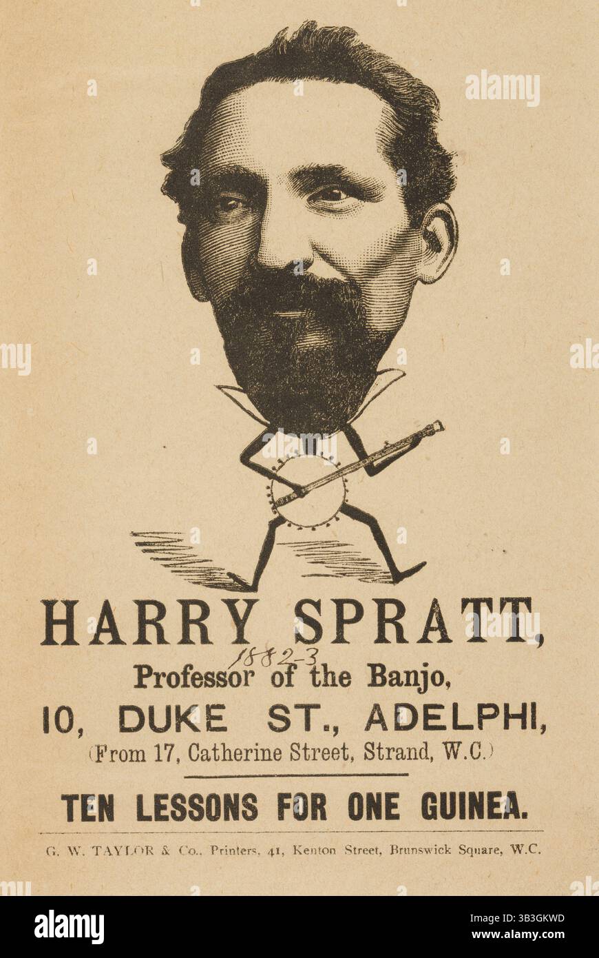Harry Spratt, Professor für das Banjo, 1882. Illustrierter Flyer, der zehn Banjo-Lektionen für eine Guinea in der Duke Street 10, Adelphi, London, anbot. Stockfoto