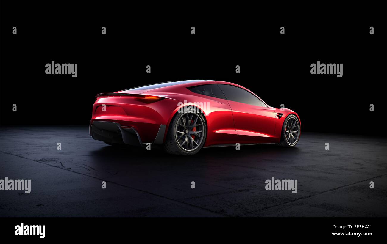 16. November 2017 - Hawthorne, Kalifornien, USA - Rückansicht in roter Farbe im Studio. Tesla Motors 2020 Roadster. E. Musk behauptet, es sei das schnellste Serienfahrzeug, das je gebaut wurde. Das Basismodell kann in 1,9 Sekunden von 0 auf 60 Meilen pro Stunde fahren, was ein Rekord wäre. In 4 Sekunden geht es 0 bis 100 Meilen pro Stunde. Es wird einen Akku mit 200 Kilowattstunden haben und 620 km mit einer einzigen Ladung fahren können. Die ersten 1.000 Fahrzeuge Kosten jeweils 250.000 US-Dollar, die vollständig im Voraus bezahlt werden, wobei die späteren Modelle ab 200 000 US-Dollar anfangen. (Kreditbild: © Tesla Motors/ZUMA Wire/ZUMAPRESS.com) Stockfoto