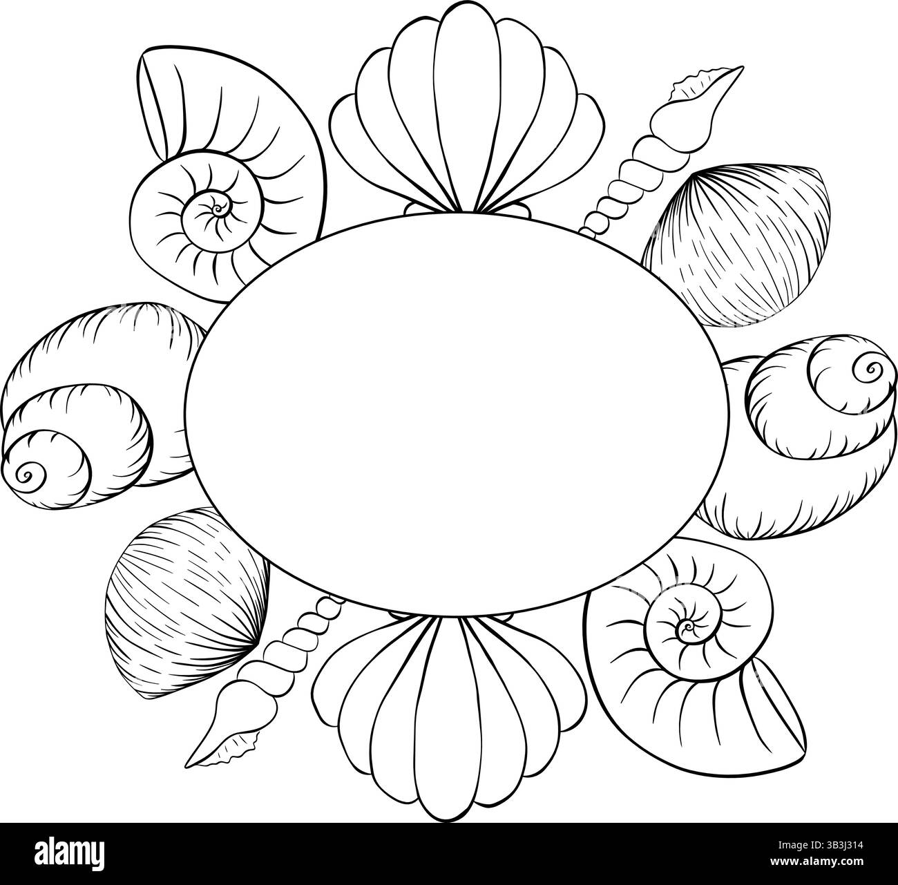 Muscheln, Seesterne ovale Rahmenvorlage für Text. Abbildung der grafischen Vektorfarbe auf weiß isoliert. Runder Kranz mit nautischen Elementen für Pfosten Stock Vektor