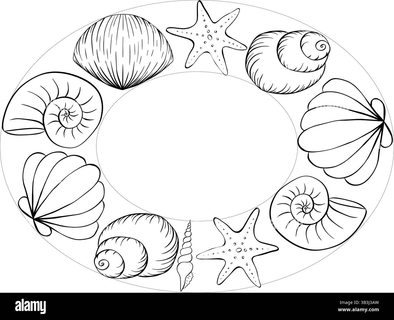 Ovaler Rahmen für Text aus Muschel. Vektorgrafik Strichfarbe Illustration Freihandzeichnung, Skizzenstil. Banner, Poster, Geschenkpapier, Aufkleber, Stock Vektor