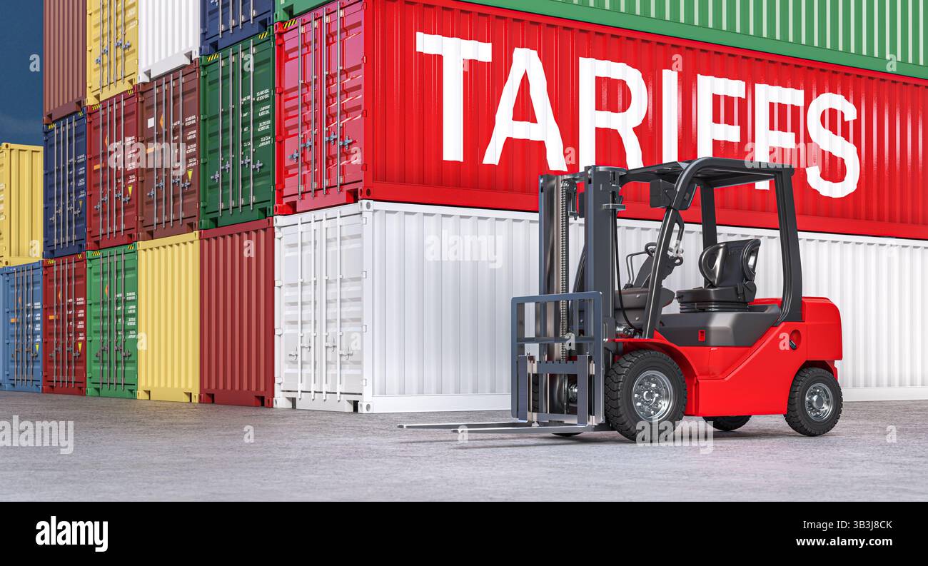 Tarife für Gabelstapler und internationale Handelskonzepte 3d Stockfoto