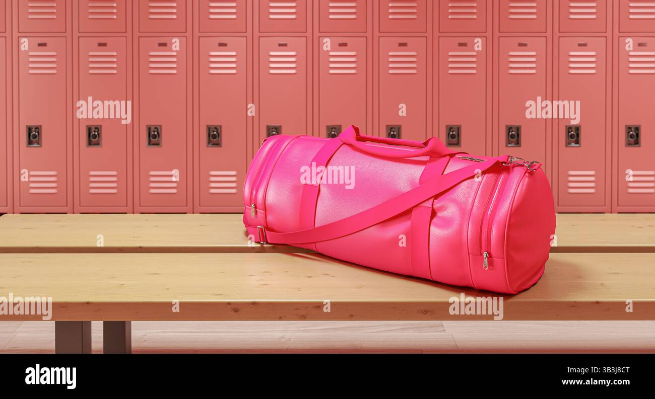 Rosafarbene Turntasche auf Holzbank im Fitnessstudio 3D Stockfoto