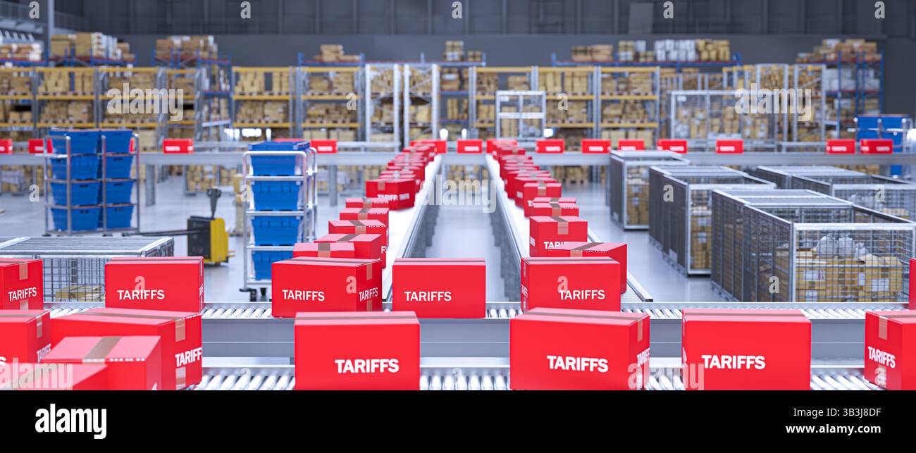 Tarifpakete, die sich auf einem Förderband im Verteilerlager 3d bewegen Stockfoto