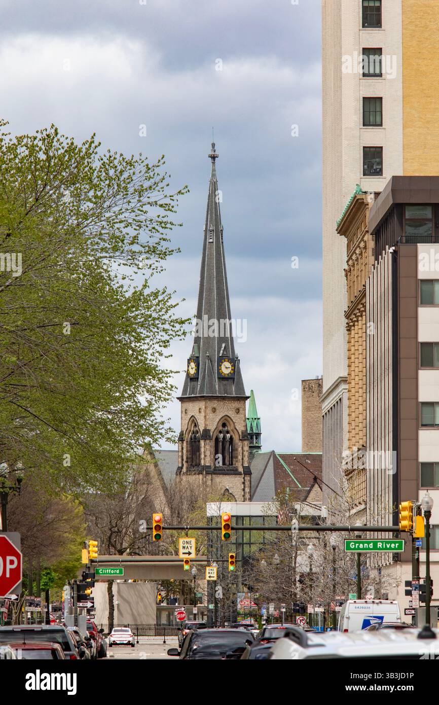Detroit, Michigan - Central United Methodist Church im Zentrum von Detroit. Sie ist die älteste protestantische Gemeinde in Michigan. Stockfoto