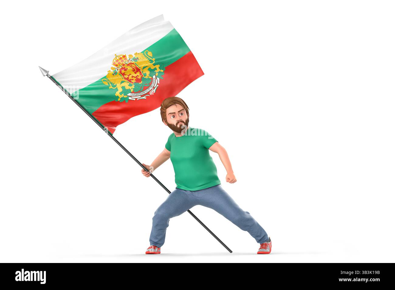 Comic-Mann, der die bulgarische Nationalflagge mit Emblem packt und durch lebhaftes Leben einen starken patriotischen Geist und kulturellen Stolz ausdrückt. 3D-Rendering. 3D-Wiederaufnahme Stockfoto